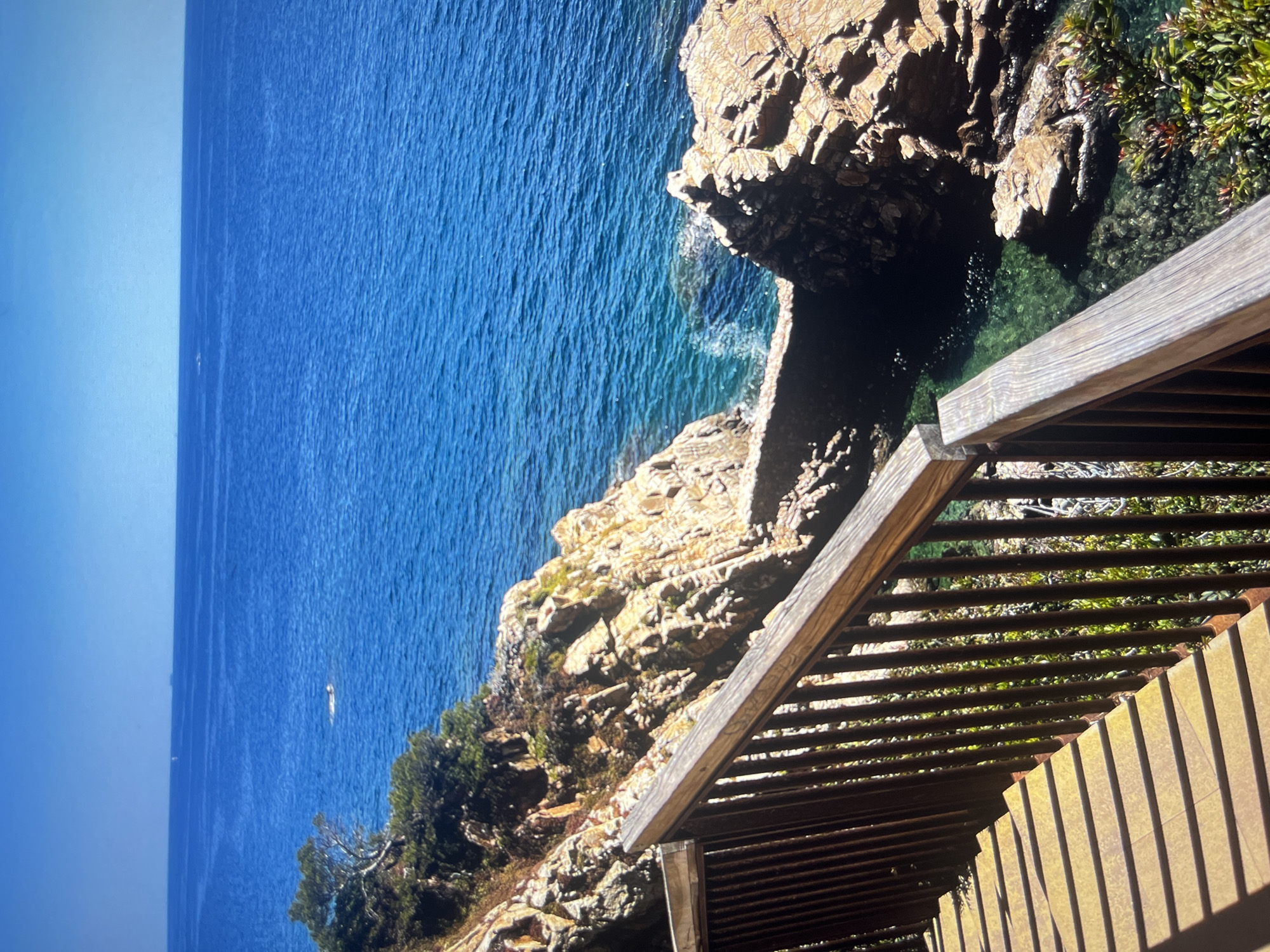 A high-angle view shows a rocky coastline with a clear blue ocean stretching into the distance. A wooden boardwalk or staircase is situated along the edge of the cliff. The ocean water appears clean. Vegetation is growing on the rocks near the shore. The location and city are Unknown.