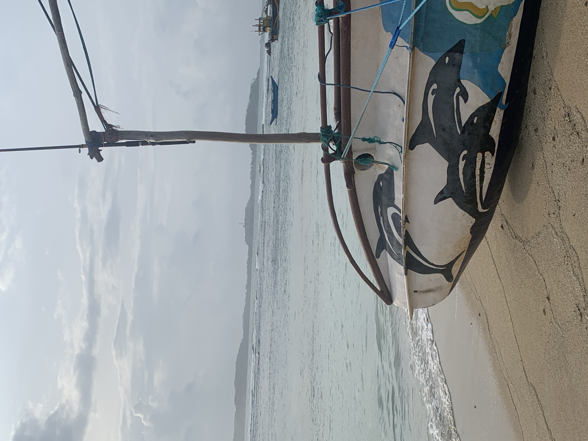 The image shows the bow of a fishing boat with dolphin paintings on its side, resting on a sandy beach in Weligama, Sri Lanka. The ocean is visible in the background with gentle waves and other boats further out. The sky is overcast with clouds. The boat has a wooden mast and is secured with ropes. The beach is wet near the water's edge and dry further up. The overall scene suggests a serene, possibly early morning or late afternoon setting.
