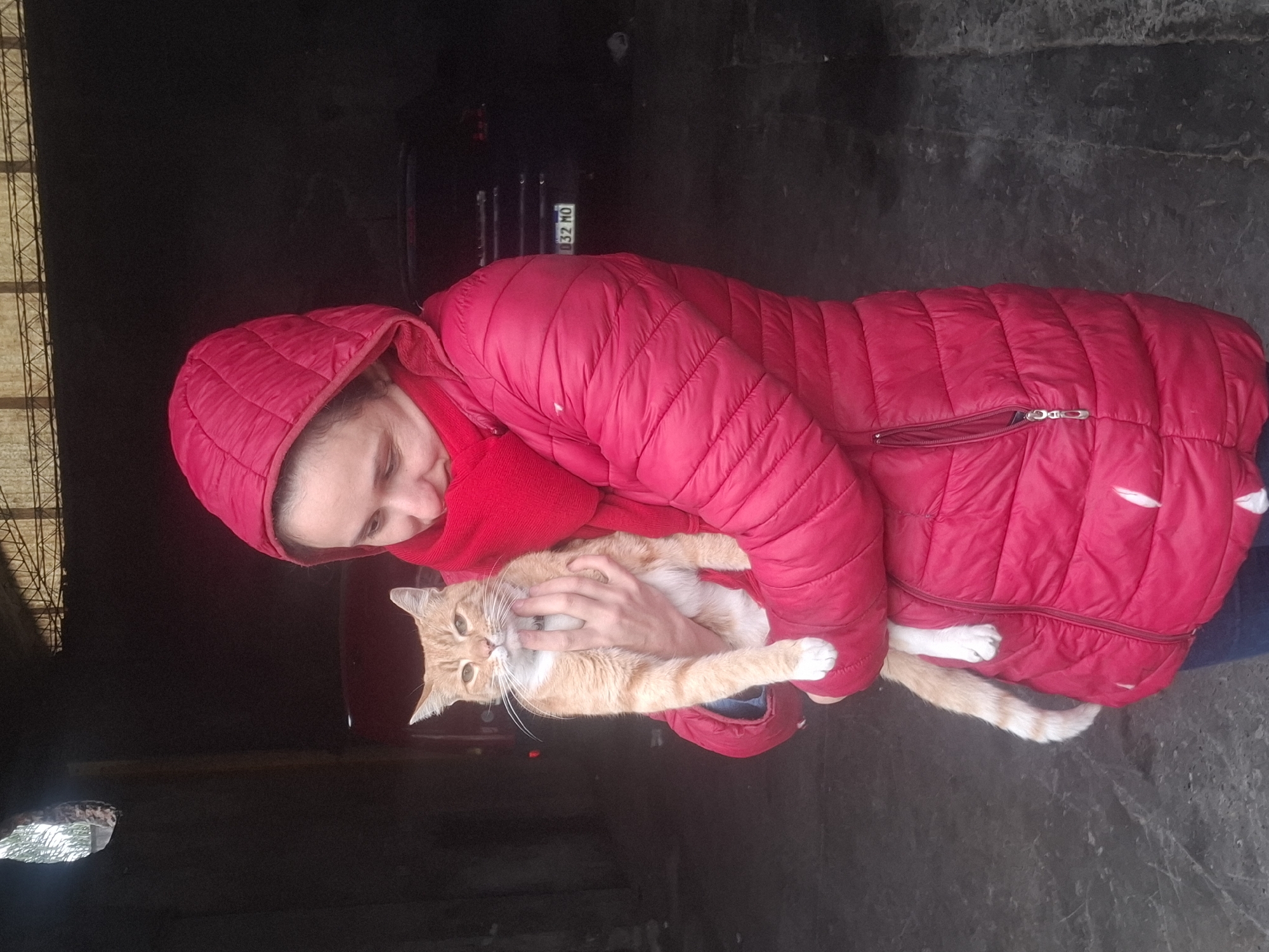 A person wearing a red hooded jacket and a red scarf is holding an orange and white cat in an outdoor, covered area that appears to be a garage or carport. The cat is looking forward with its mouth slightly open. In the background, a dark-colored vehicle with a license plate reading "032 MO" is visible. The ground is rough and appears to be concrete or asphalt. The overall lighting is dim. The image was taken in Wilde, Argentina.