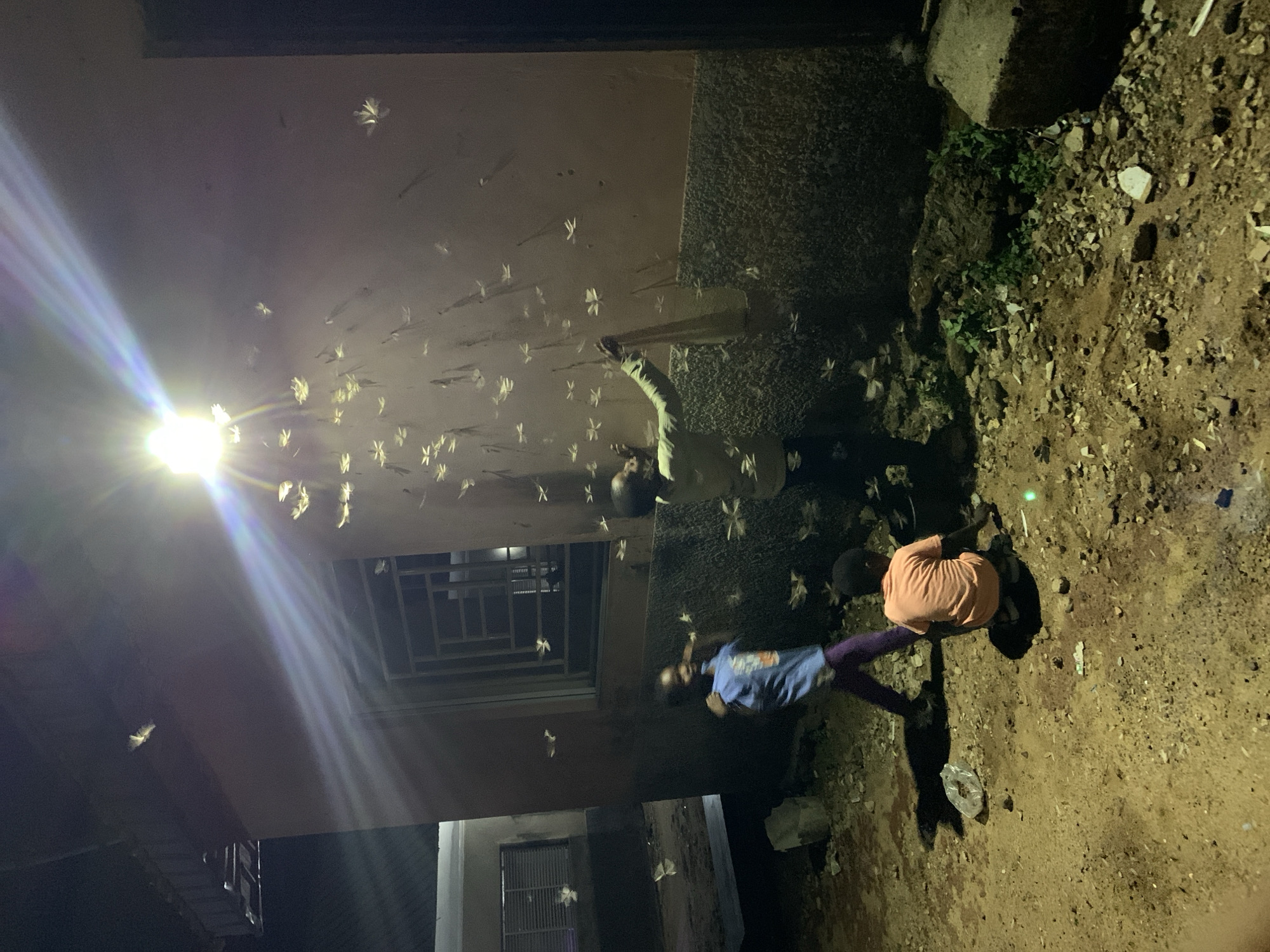 In a nighttime outdoor scene near New Stadium, Nigeria, two children are present. One child, wearing a blue shirt and purple pants, stands upright. The other child, wearing an orange shirt, is squatting on the ground. A bright light source illuminates the area, attracting a large swarm of insects. The ground is dirt and gravel. The setting appears to be near buildings, with windows and concrete structures visible in the background.