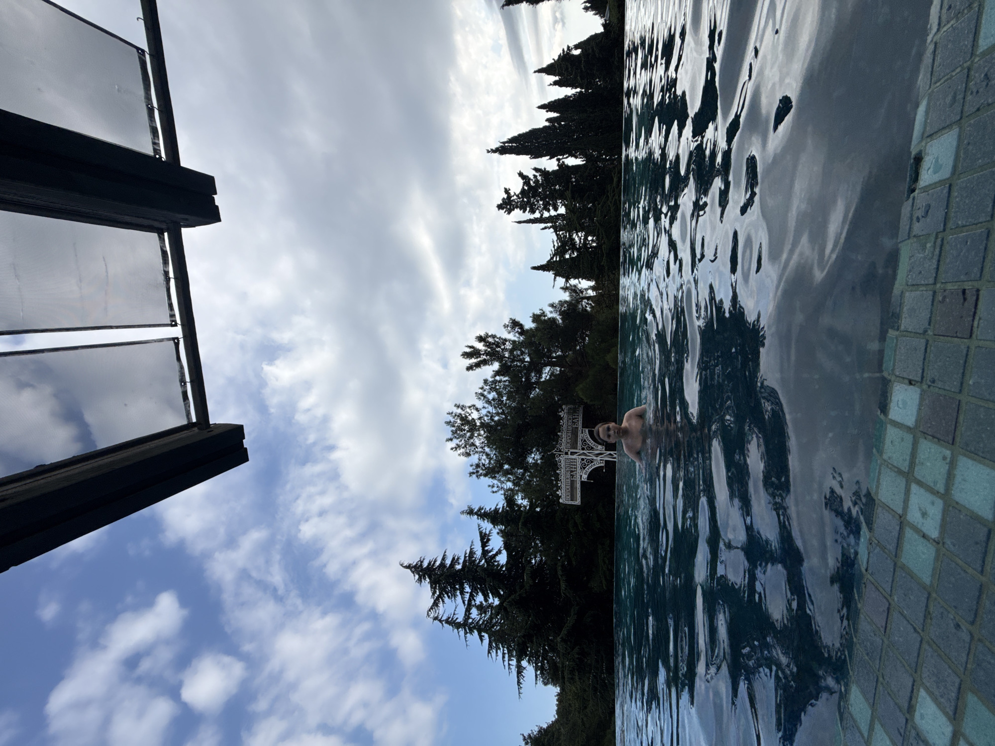 A person is swimming in an outdoor infinity pool with a tiled edge in the foreground. The water reflects the sky and the surrounding trees. In the background, there is a dense line of dark green evergreen trees, with some taller, more pointed trees interspersed. The sky is partly cloudy with patches of blue. A man-made structure, possibly a decorative archway or fence with ornate details, is visible in the middle ground behind the swimmer. The overall scene suggests a serene and natural setting, possibly a park or resort, given the presence of the pool and manicured trees. This scene is located at the Vorontsov Palace, a historical estate in Alupka, near Yalta, Ukraine.