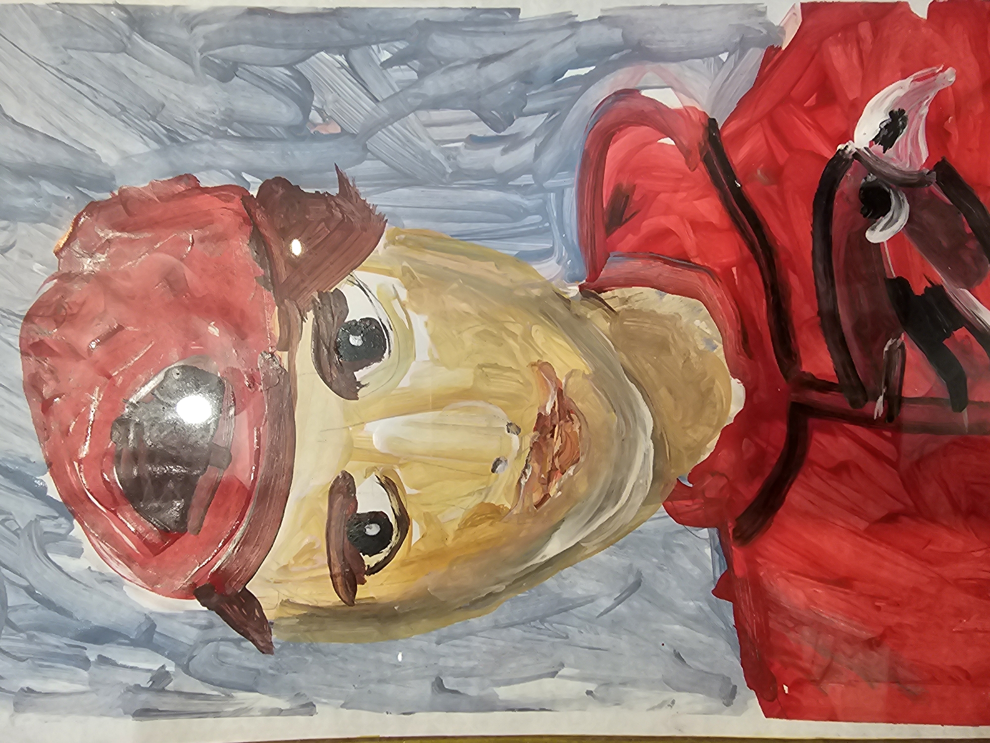 This is a painting of a person wearing a red baseball cap and a red hoodie. The person has brown eyes, brown eyebrows, and light brown skin. They appear to be looking slightly to the left. The background is abstract, with vertical strokes of light blue and gray paint. There is a detail on the hoodie that resembles a bird's head. The painting is likely located in Khimki, Russia.