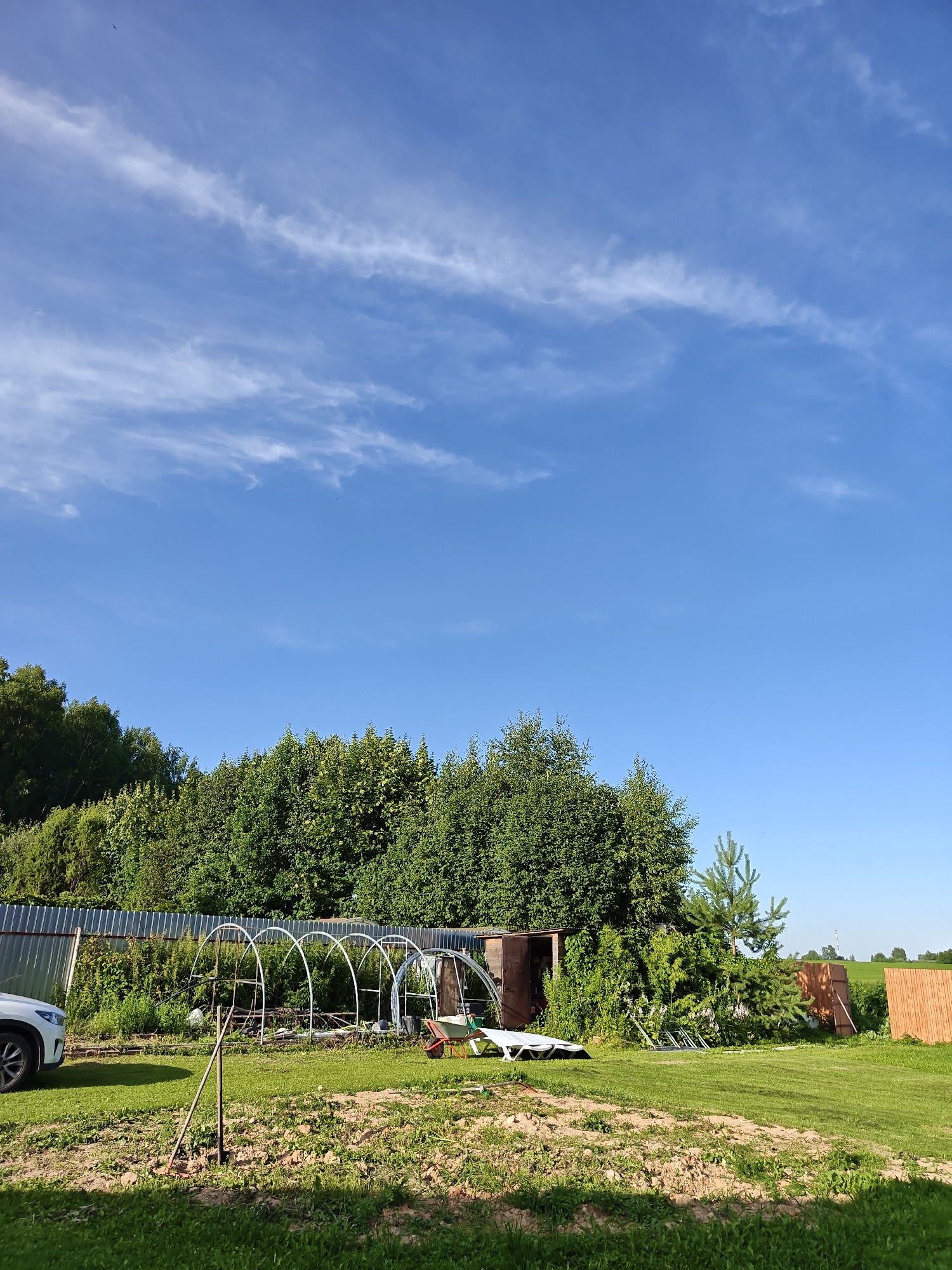 The image shows a rural scene with a clear blue sky with thin white clouds. In the foreground, there is a patch of tilled earth with green grass around it. Further back, a mowed lawn leads to a line of trees and bushes. A metal fence runs along the edge of the property, and behind it, there are several hoop-style greenhouses. A white car is parked on the left side of the image. A rusty brown shed and a stack of wooden planks are visible behind the greenhouses, along with a small evergreen tree. In the distance, there is a large open field and a light industrial structure in the far distance. The scene appears to be a garden or a backyard in the city of Gorki, Russia, on a sunny day.