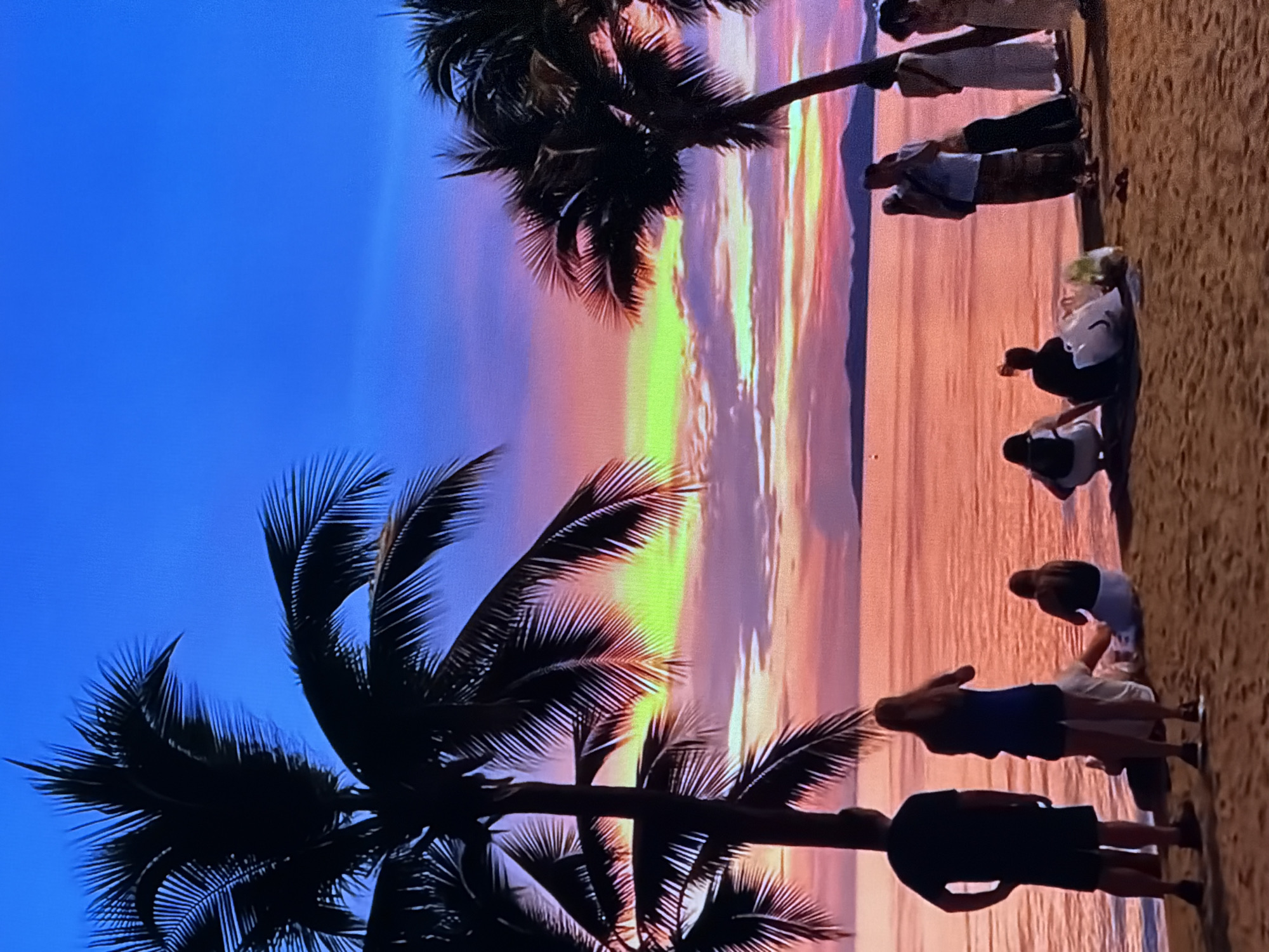 The image depicts a beach scene at sunset in an unknown location. Silhouetted palm trees frame a vibrant sky painted with hues of deep blue, bright yellow, pink, and orange. The calm ocean reflects the colorful sky. On the sandy beach, several people are gathered, observing the sunset. In the foreground, a couple stands near the water's edge, facing the ocean. Further back, a group of individuals are seated on the sand, some interacting with each other, while others are absorbed in the view. The overall atmosphere is serene and tranquil, with a focus on the natural beauty of the sunset and the shared experience of onlookers.