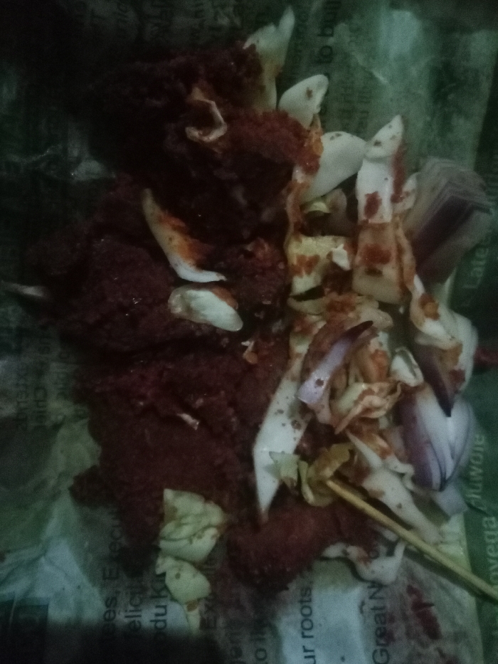 A plate of food rests on newspaper. A heap of dark red, possibly meat-based, food dominates the left side. To the right are sliced white and purple vegetables, possibly onions and cabbage. A light brown stick is visible within the vegetables. The food appears to be covered in a reddish sauce. The newspaper beneath has printed text, with visible words including "roots," "Great," "Late," and partial words like "Execut" and "cluwole".