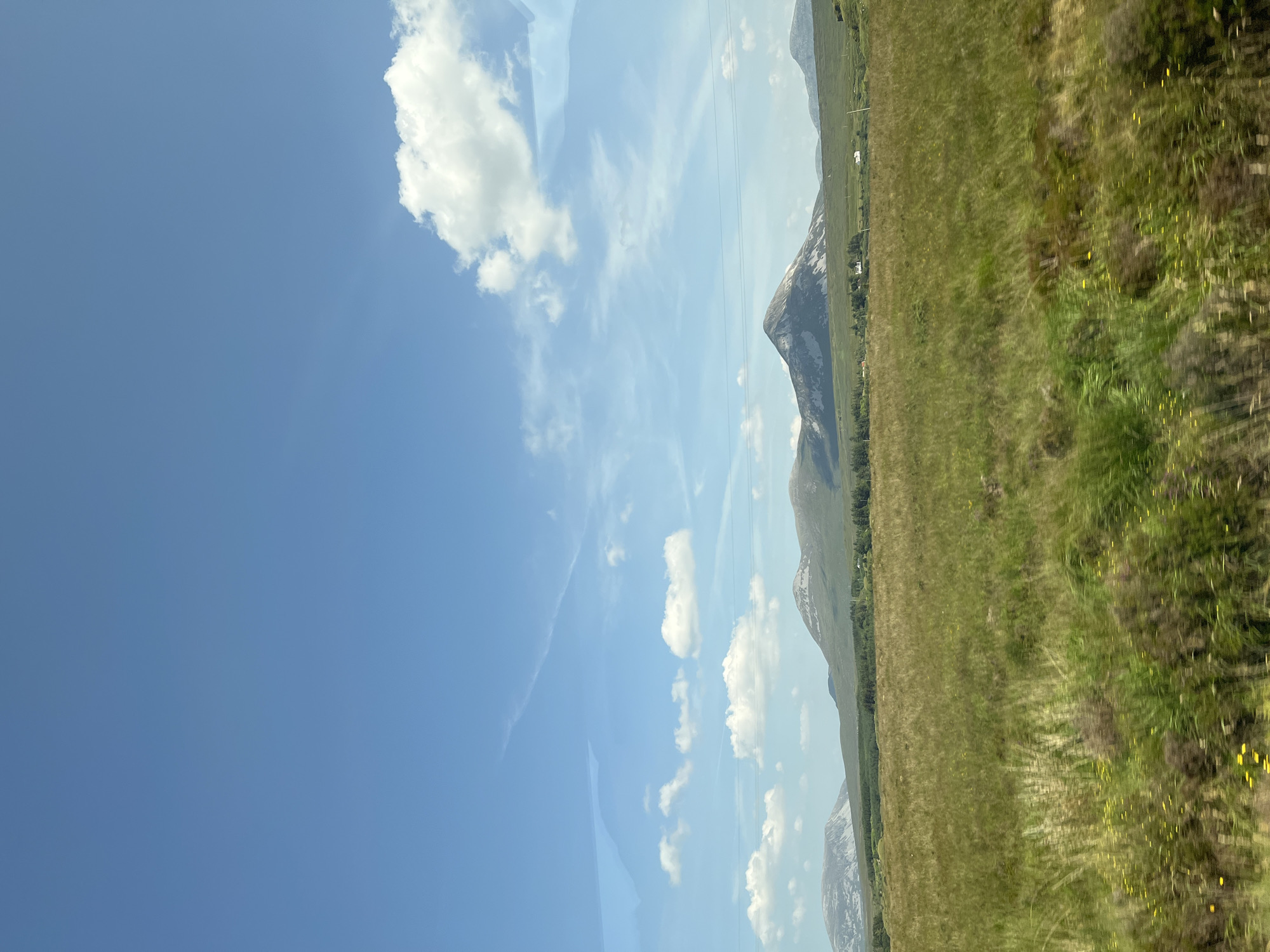The image depicts a wide, verdant landscape under a bright blue sky dotted with white clouds. In the foreground, a field of tall green grass, interspersed with small yellow wildflowers, stretches across the frame. The grass appears slightly blurred, suggesting movement, possibly from a vehicle. In the midground, rolling hills covered in green vegetation rise, with a line of trees forming a dark green band. Beyond the hills, a series of mountains with distinct, pointed peaks dominate the horizon. One prominent mountain in the center has a lighter, rocky upper section. Several scattered white buildings are visible nestled among the hills and trees. The scene captures a rural, natural environment with a clear, sunny sky.