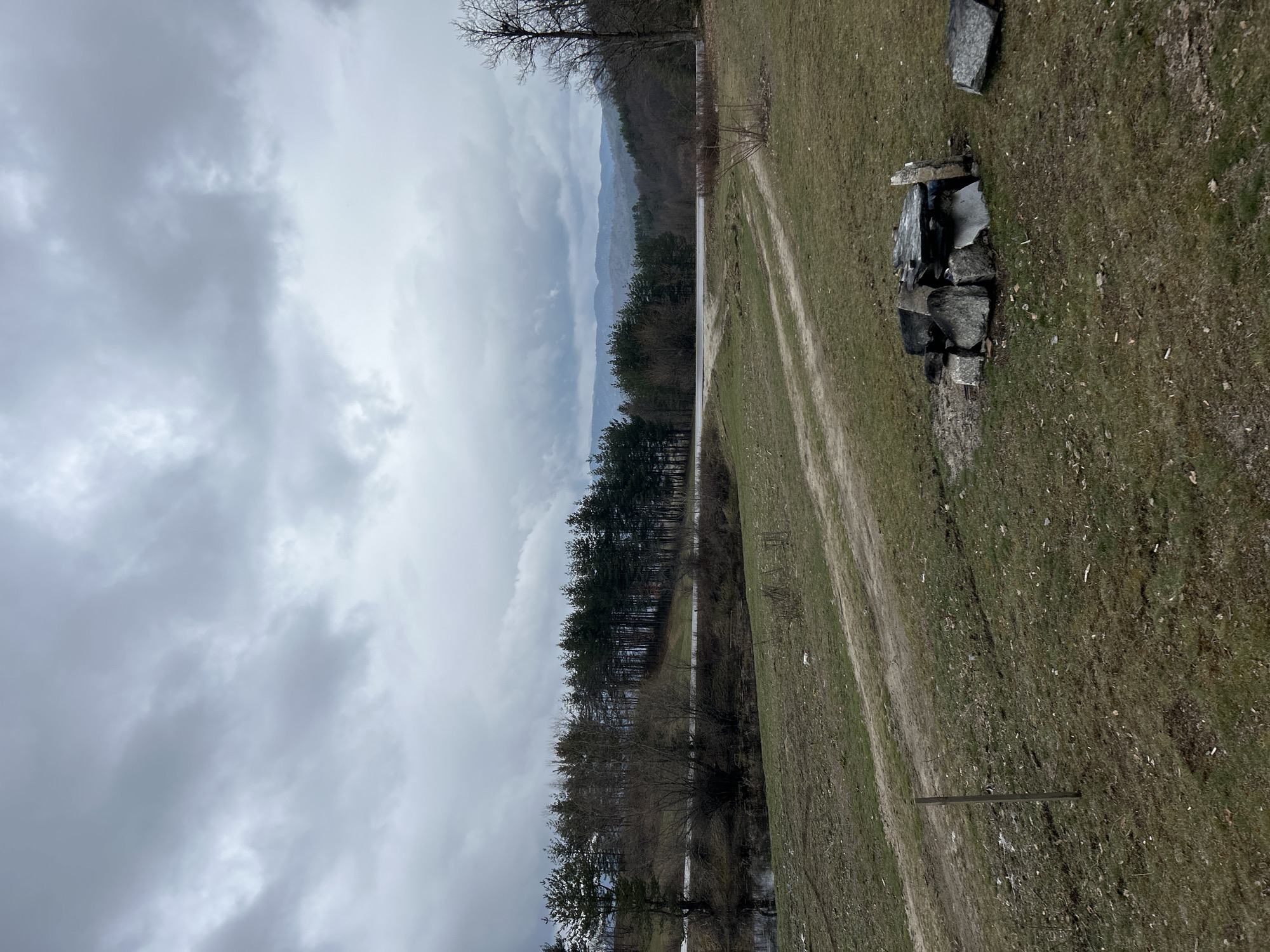 The image shows a rural landscape in Grashevo, Bulgaria, under a cloudy sky. In the foreground, a dirt track runs through a grassy field. To the right of the track, a pile of rocks is visible. A line of trees separates the field from a body of water, possibly a river or lake. In the background, mountains are faintly visible. The scene appears to be outdoors.