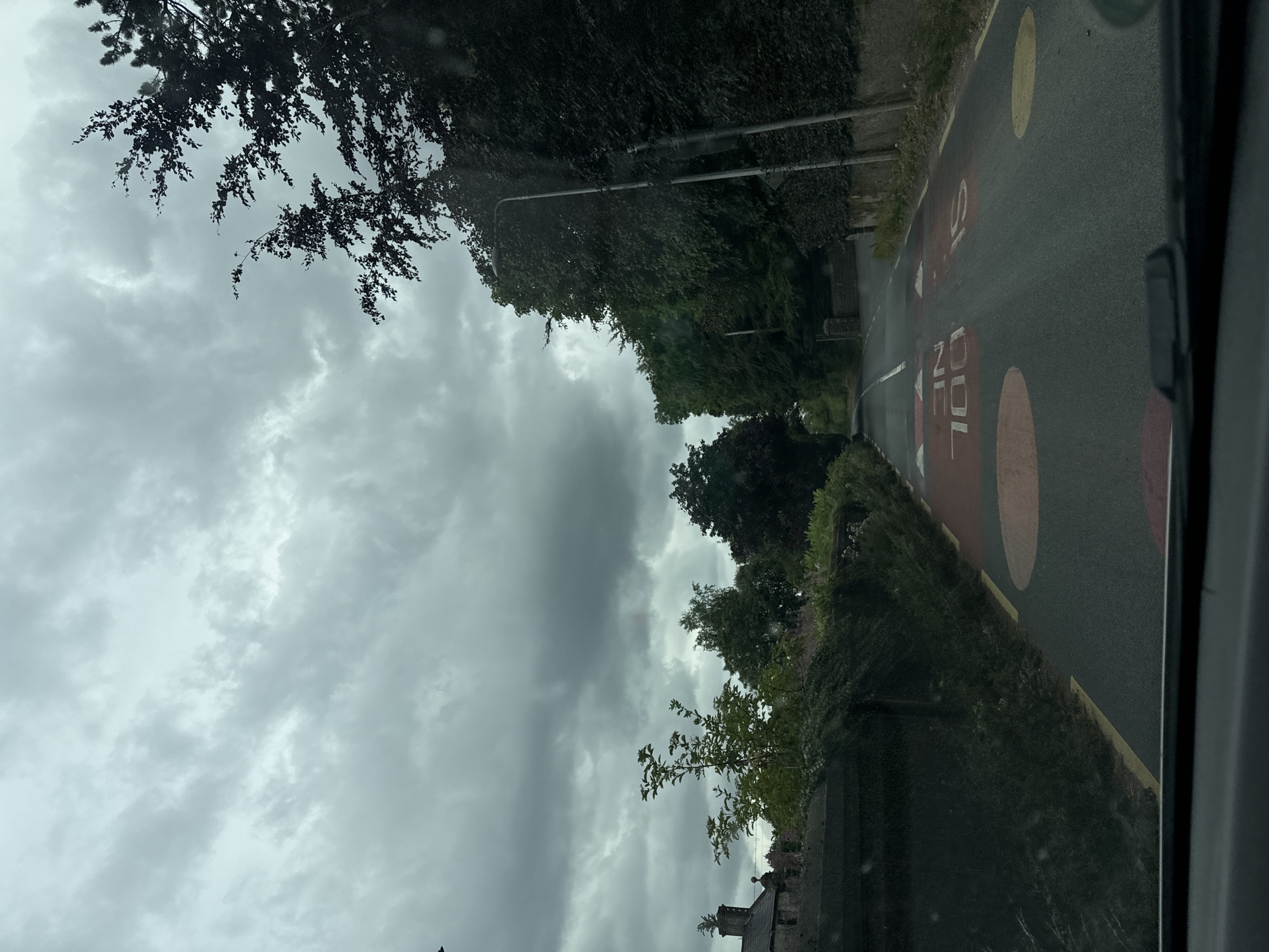 The image is a point-of-view shot from inside a vehicle, looking out at a road in Unknown, Ireland. The road ahead is asphalt and curves slightly to the left. Markings on the road include a white dashed line dividing lanes, and circular red and yellow markings. Two circular red markings have white text. One reads "100" and the other appears to read "SL". There are also white triangular markings ahead.
The road is flanked by a low stone wall on the left, covered in dense green ivy. Beyond the wall, a building with a chimney is partially visible. On the right side of the road, there is a tall hedge or dense foliage. A lamppost stands to the right of the road.
The sky is overcast with heavy, grey clouds. Trees and foliage line both sides of the road, creating a somewhat enclosed or tunnel-like effect. The overall impression is that of a rural or suburban road under a cloudy sky.