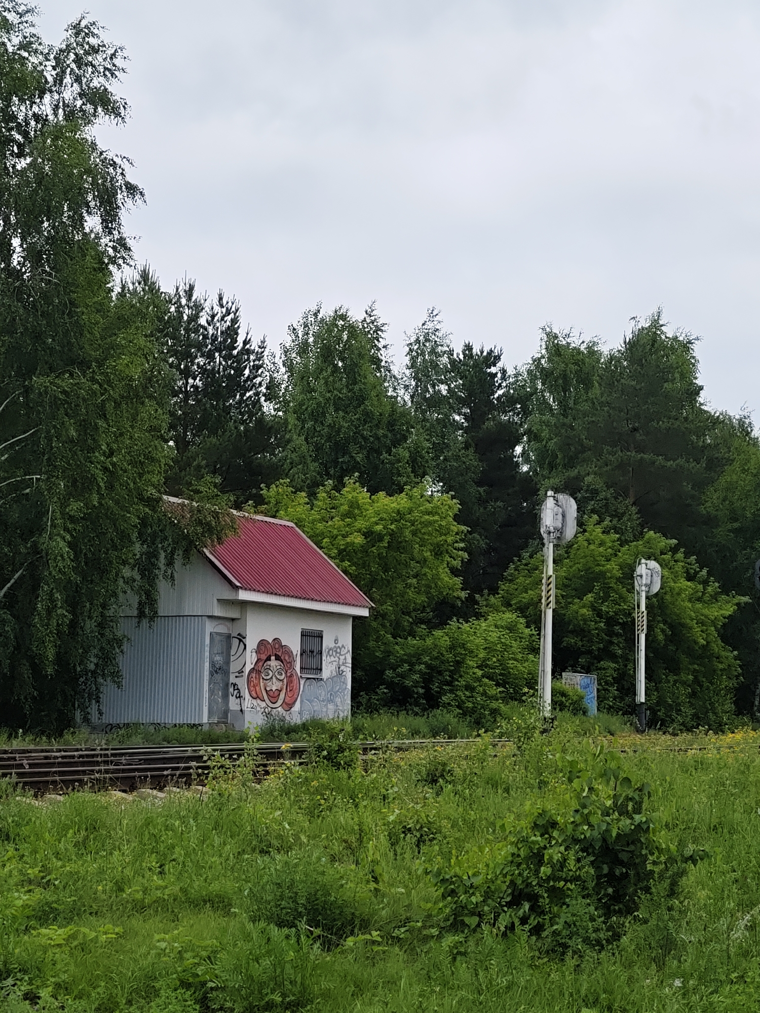 The image shows a small, white building with a red, corrugated metal roof, situated next to a set of railway tracks. The building is adorned with graffiti, including a large, cartoonish face on its side. A metal door is visible on the left side of the building, and a window with a metal grate is on the right. The railway tracks run horizontally across the lower portion of the image, with lush green grass and foliage growing on either side. In the background, a dense line of trees forms a backdrop to the scene. Two white poles with circular tops, possibly signal lights, stand to the right of the building, also surrounded by greenery. The sky is overcast and a pale grey. The overall impression is one of a somewhat neglected, rural or industrial edge location.