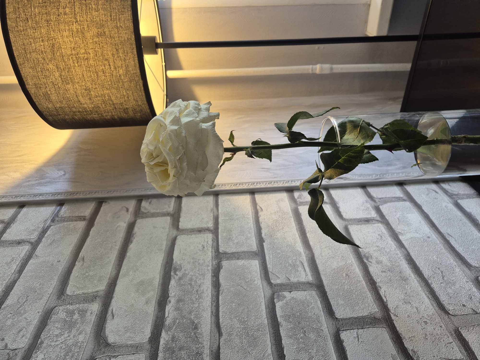 A single white rose in a clear glass vase sits on a dark surface in front of a brick wall and a floor lamp. The lamp has a textured, dark lampshade and casts a warm yellow light on the wall behind it. The brick wall is light gray with dark gray mortar lines. A white curtain is visible behind the rose and lamp. The image appears to be taken indoors, possibly in a residential setting. There are no people or animals present in the image. No specific landmarks or details are provided to identify the location in Khimki, Russia.