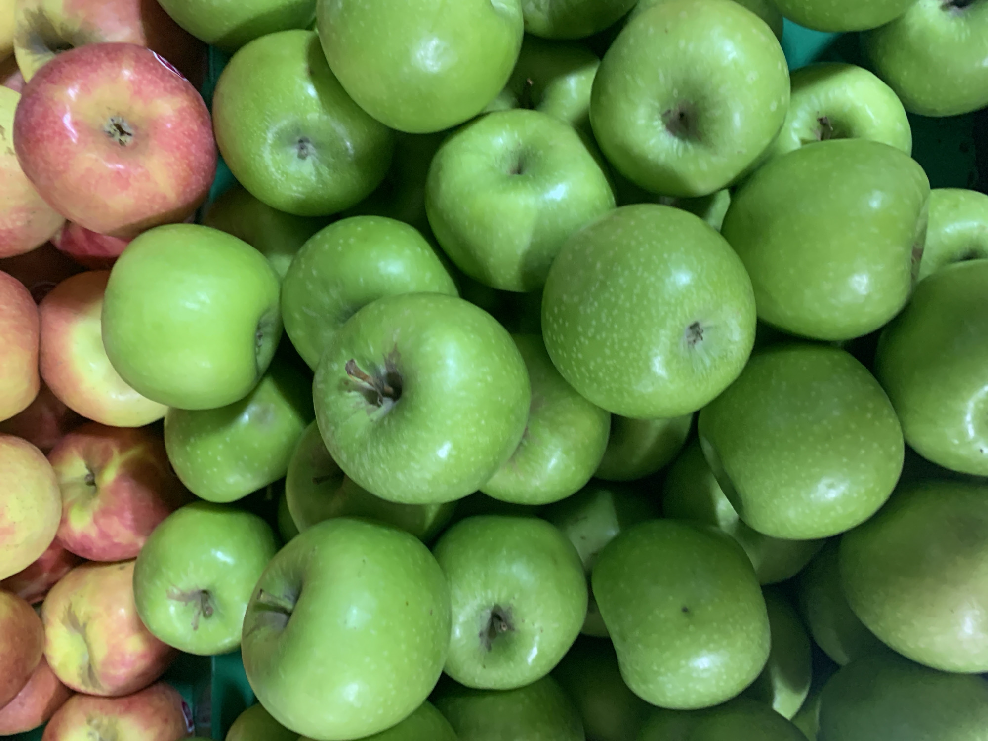 A close-up, overhead shot shows a pile of green apples. The apples are a vibrant green and some have small white speckles. They are densely packed together, filling the frame. Some of the apples are slightly red-blushed, suggesting they might be a variety like Gala or Fuji. The lighting is bright, highlighting the glossy skins of the fruit. The background is out of focus, but appears to be a green surface, possibly a display bin or a table. There are no people or other objects visible in the image. The overall impression is one of freshness and abundance.