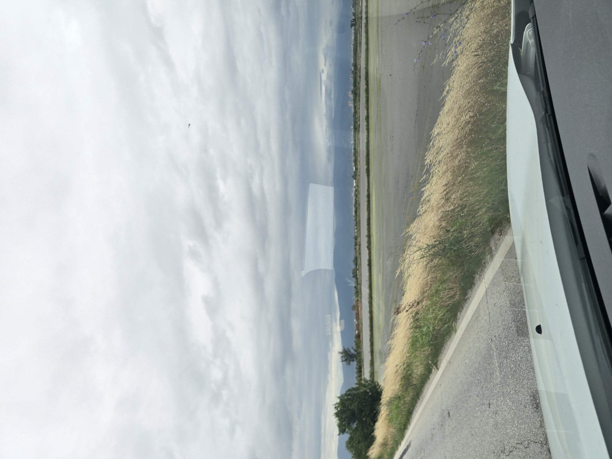 The image depicts a landscape scene viewed from inside a vehicle, likely through the windshield. In the foreground, the edge of a light-colored car hood is visible, along with a portion of the car's windshield and dashboard. A road with a white line marking runs along the left side of the frame, bordered by tall, dry, golden grass and green vegetation. Beyond the roadside, a vast, flat expanse of water or flooded fields stretches towards a distant treeline and a range of hazy mountains under a cloudy, overcast sky. Reflections of trees and distant buildings are visible on the surface of the water. A small dark object, possibly a bird or drone, is visible in the upper portion of the sky. The overall scene suggests a rural or agricultural setting, possibly on a day with diffused light. The location is identified as Skutare, Bulgaria, implying a view of the surrounding countryside of this area.