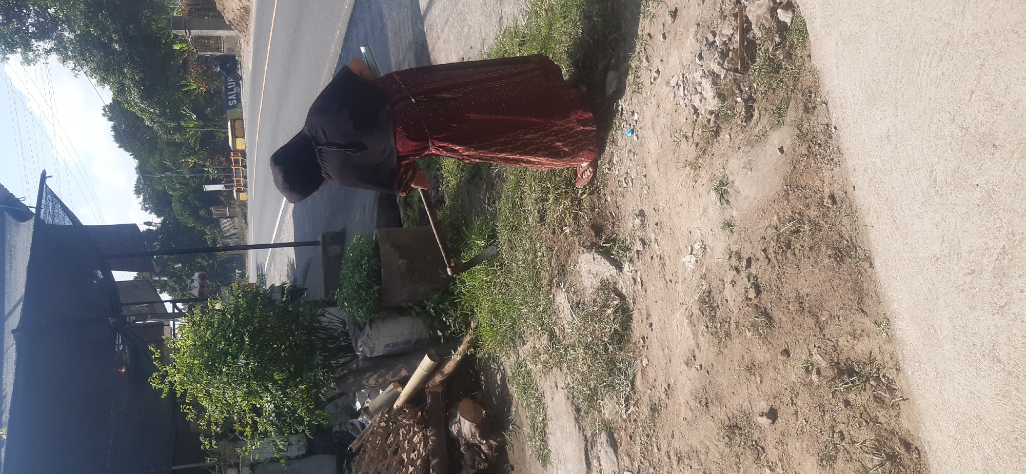 An elderly woman wearing a black hijab and a red and white patterned skirt is shown from behind, hoeing a patch of grass on a sunny day. She is standing on a dirt path next to a paved road with a yellow line marking the center. In the background, there is a lush green tree, some stacked logs, a large sack, and a concrete planter with a plant. A sign with the word "SALUP" is visible on the side of the road. The scene appears to be in a rural or semi-rural area of Sepakek, Indonesia.