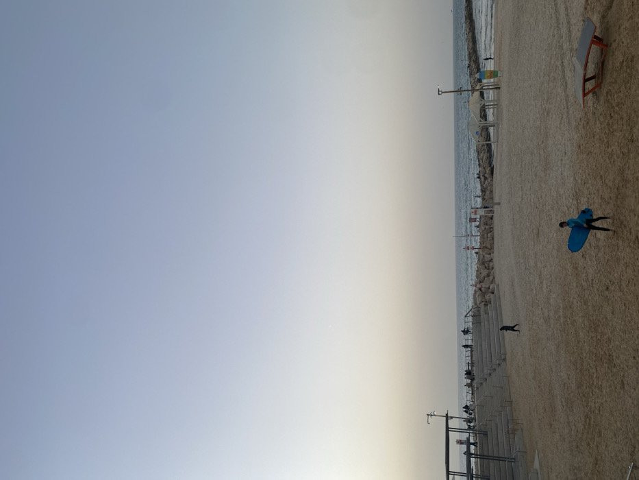 The image depicts a Tel-Aviv beach scene, identified as Dolphinarium Beach (Charles Clore Beach) due to the distinctive tiered concrete seating and rocky breakwater structure. The sky is clear, exhibiting a gradient from light blue at the zenith to a pale yellow-grey near the horizon, suggesting late afternoon or early evening. The foreground features light brown sand.
In the center-right foreground, one individual is walking barefoot on the sand, moving left-to-right, carrying a bright blue surfboard under their right arm. This person is wearing a dark, long-sleeved top and dark shorts or wetsuit bottoms. To the far right, partially visible on the sand, is a piece of red-orange and grey outdoor exercise equipment, possibly a bench.
In the mid-ground, on the left, a series of tiered concrete steps or bleachers rises, populated by numerous individuals. Adjacent to the seating is a dark-roofed shaded structure. Further back on the sand, a second individual in dark clothing walks towards the water. The beach transitions into the Mediterranean Sea, where a significant rocky breakwater extends from both sides, forming a partially enclosed area. Several people are visible along the water's edge and on the breakwater. On the right side of the beach, several white and blue shaded cabanas are present, along with a tall utility pole. Markers or buoys are visible in the water near the breakwater, alongside red-and-white striped signs. The sea itself is calm with small waves.