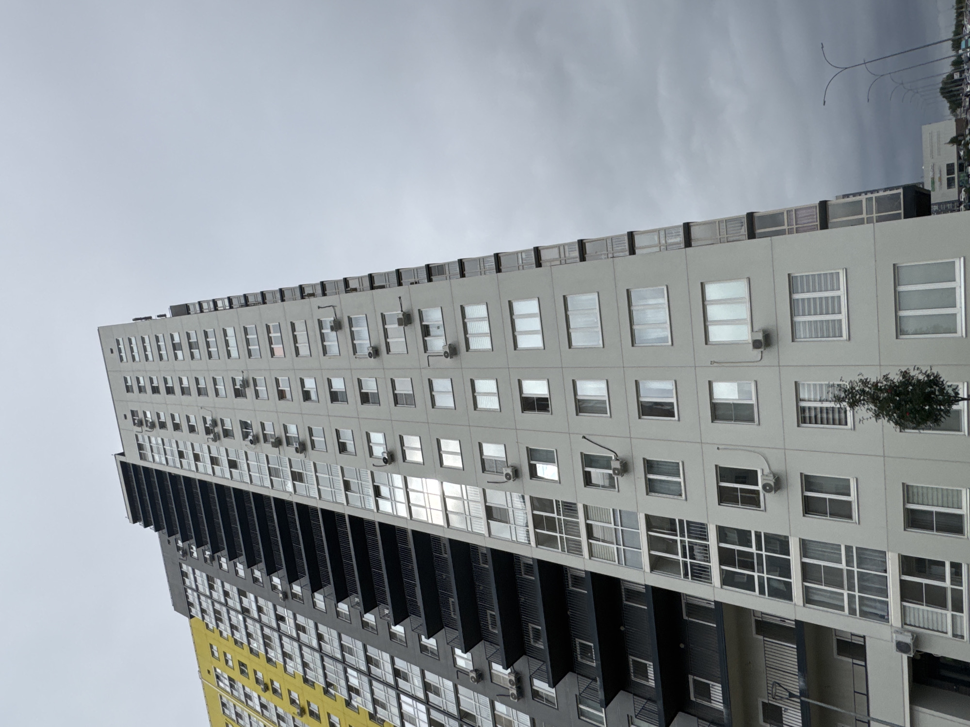 This is a low-angle, medium shot of a modern, multi-story residential building in Ankudinovka, Russia. The building has a light gray facade with numerous windows and balconies. A section of the building is painted bright yellow. The sky is overcast and cloudy. In the foreground, a small, leafy tree is visible. In the background, streetlights and a commercial building can be seen. There are no people or vehicles clearly visible in the image.