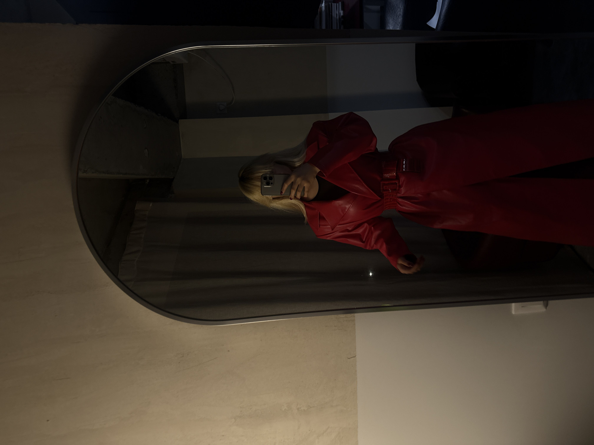 A mirrored image shows a person with blonde hair holding a smartphone, obscuring their face. The person is wearing a red, belted jumpsuit or dress. The reflection is in an oval mirror, showing part of a wall and the interior of a room behind the subject. The location is unknown; there is no information in the image to identify Yerevan, Armenia.