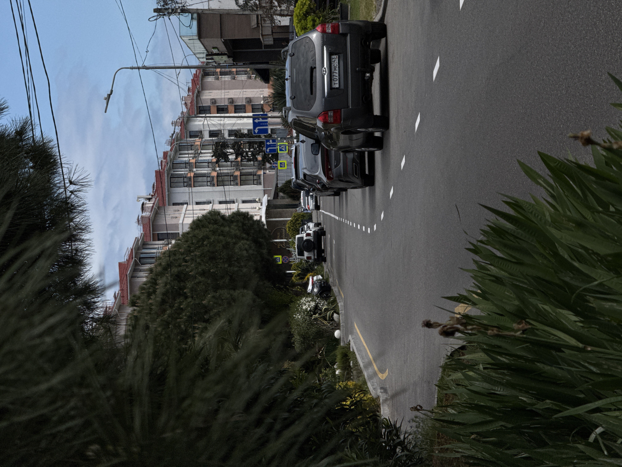 The image depicts a street scene in Sochi, Russia. The photograph is taken at an oblique angle, making the perspective skewed.
In the foreground, there is lush vegetation, including trees and green plants, partially obscuring the view of the street.
A road runs along the right side of the frame, with several parked cars visible. The first car in line is a gray SUV with the license plate "T077MC43." Other cars are parked behind it, and the road has white dashes marking lanes.
On the left side of the road, there's more greenery and buildings, possibly apartments or hotels, rising in the background. A utility pole is also visible, and traffic signs are posted. The sky is visible in the upper left corner.