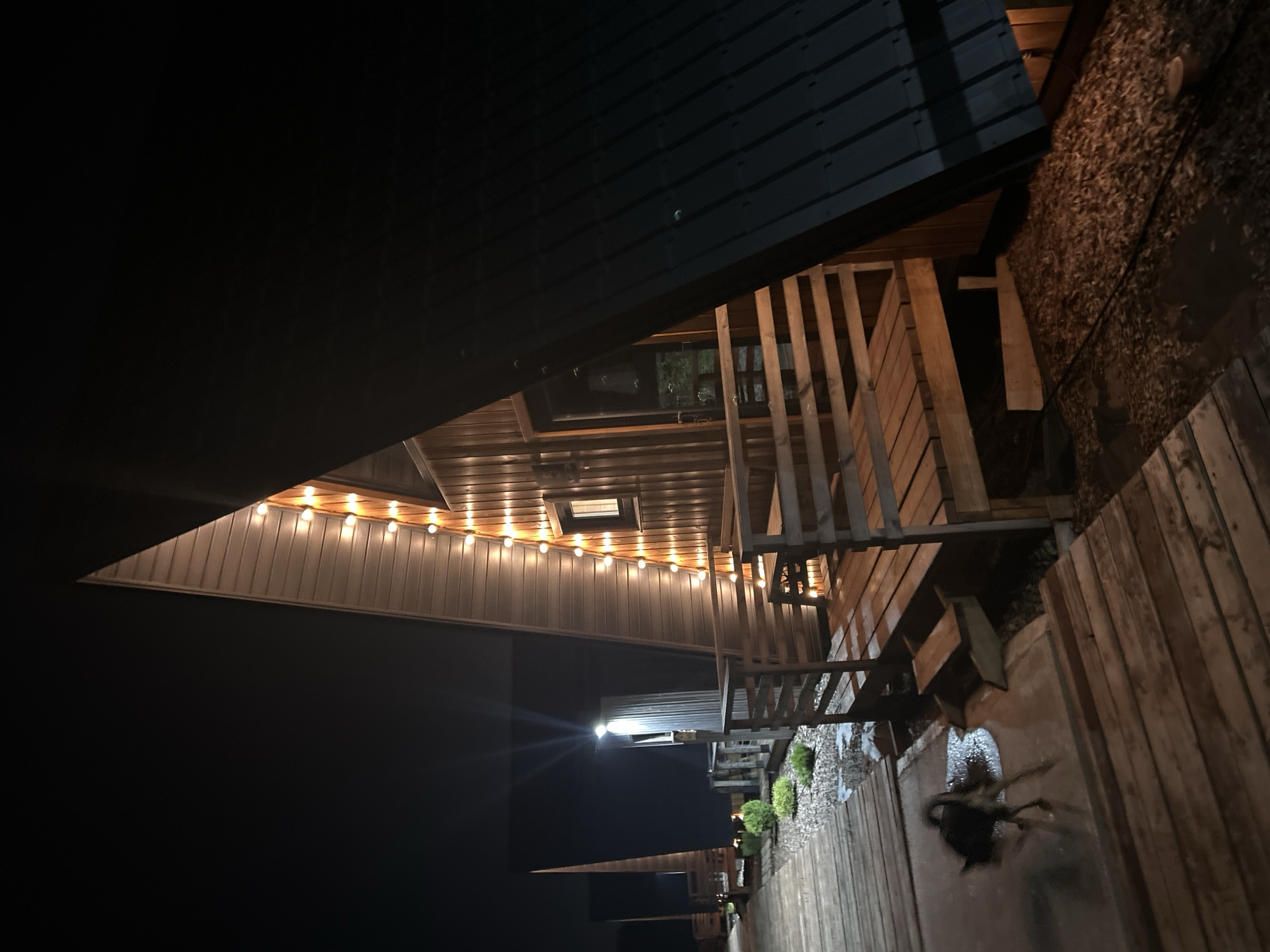 At night in Pirogovo, Russia, a wooden structure is illuminated by a string of lights along its eaves. A wooden deck with railings and steps leads away from the structure. A pot with a plant is visible on the deck. The environment is dark.