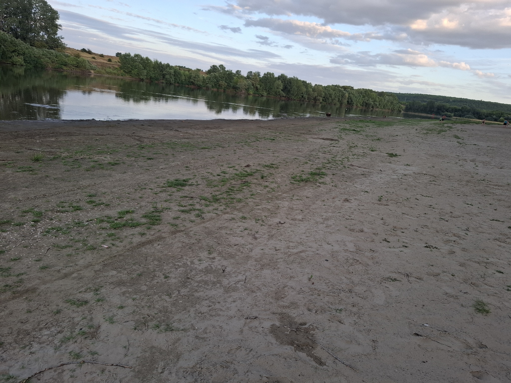 The image depicts a sandy riverbank with a body of water in the background. The river is lined with dense green foliage and trees on the opposite bank. The sky above is partly cloudy, with a mix of white and gray clouds against a pale blue background. The sandy ground in the foreground shows tire tracks and scattered green grass. Several people are visible in the distance along the riverbank, some appearing to be wading or standing near the water. The overall scene suggests a natural, outdoor recreational area. Specifically, this image captures a view of the Nistru River from the sandy beach area of Dubăsarii Vechi, Moldova.