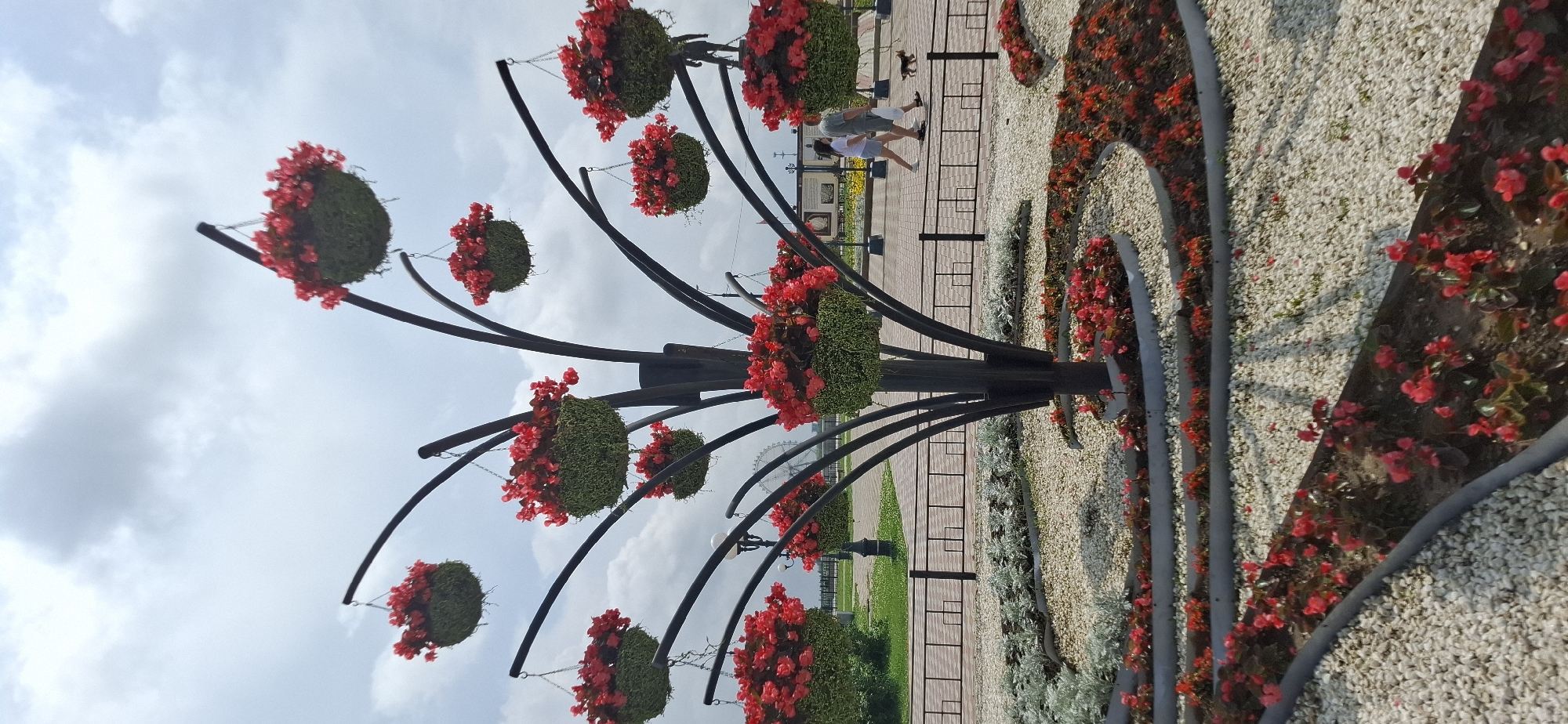 This is a vertical, full-shot photograph of an elaborate floral display in the city of Blagoveshchensk, Russia, featuring a central, multi-tiered structure adorned with numerous hanging baskets overflowing with vibrant red flowers. The structure itself is a dark, metallic sculpture with curved arms extending outwards, each supporting a spherical basket of greenery and blooms. Below the suspended baskets, a landscaped garden bed is meticulously arranged with red flowers and pale gravel, creating a spiral or layered effect. In the background, a paved walkway is visible, bordered by a black metal fence. Two individuals are walking on the pathway, one carrying a white bag, and a small dog is trotting alongside them. Further in the background, a Ferris wheel and information boards can be seen, suggesting a public park or recreational area. The sky above is partly cloudy with a diffused light, indicating daytime.