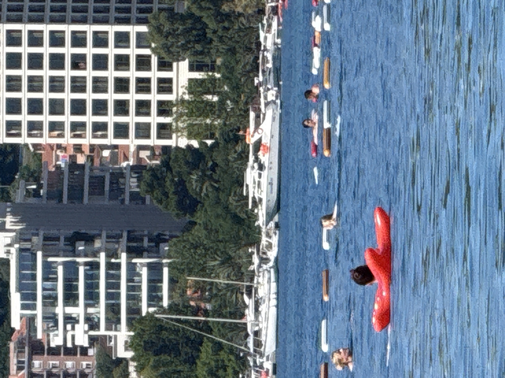 This image depicts a sunny coastal scene in Boreti, Montenegro, featuring multiple individuals swimming in a body of blue, rippled water, surrounded by boats, and backed by urban buildings against a green hillside.
In the immediate foreground, a person is seen from the back, reclining on a red, anatomically-shaped inflatable float. To their left, another individual's head and upper shoulders are visible, facing towards the left. Further back, two individuals are partially submerged in the water; one is supported by a red inflatable ring, and another person is nearby. Numerous white and orange/brown rectangular floats are scattered across the water, delineating a potential swimming area.
The midground is dominated by a collection of white boats and yachts moored in the water. On the left, several sailing yachts with prominent masts are visible. Towards the right, a white speedboat, marked with "440" on its bow and "SC" near the stern, features an orange life raft on its aft deck. Various other motor yachts and smaller vessels are also present. The shoreline behind the boats is densely covered with green trees and vegetation.
In the background, several multi-story buildings rise above the tree line. On the left, a modern white building displays multiple levels with large glass windows and prominent horizontal white architectural elements. To the right, a tall, uniformly white building presents a grid pattern of numerous square windows; a human figure is discernible looking out from one of the upper-floor windows. Additional buildings, some with red tiled roofs, are partially visible among the trees and behind the main structures. A green hillside forms the furthest background.