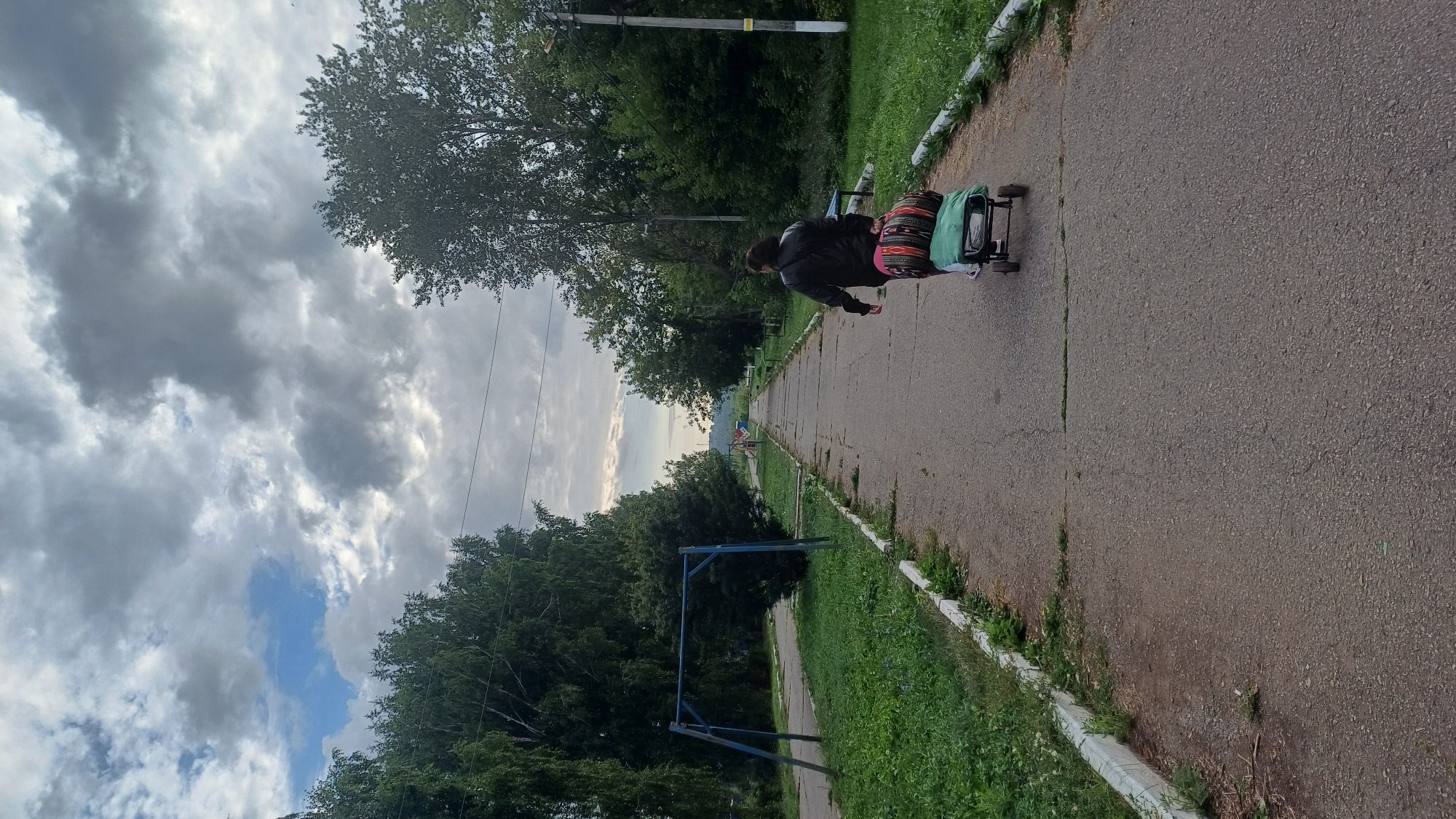 A woman is walking away from the camera down a paved path in the city of Podgornoye, Russia. She is pulling a small, wheeled cart containing a green tarp and a rolled-up blanket with a multicolored pattern. The woman is wearing a dark jacket and dark pants. The path is lined with grass and trees. On the left side of the path, there is a blue metal swing set. In the background, the path extends into the distance, flanked by trees and vegetation, and the sky is filled with dramatic, cloudy formations.