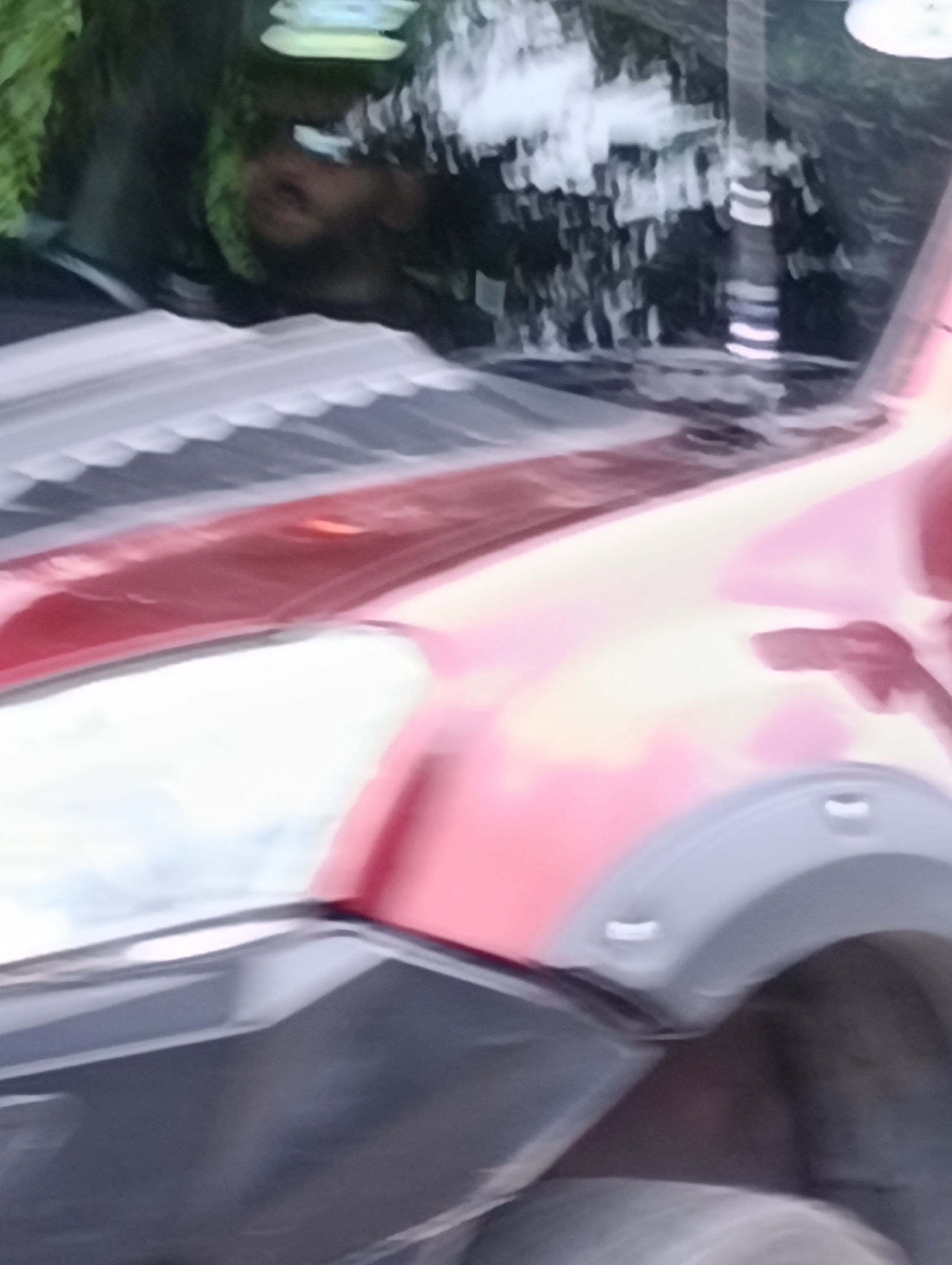 This is a close-up, low-angle, motion-blurred photograph taken from the side of a red vehicle, likely a truck or SUV, in Manali, India. The vehicle appears to have a dent or damage on its side, near the headlight. The reflection on the vehicle's surface shows a blurry image of greenery and a person's face. The image is highly abstract due to motion blur and focus issues, making it difficult to discern specific details of the surroundings or the person. The environment appears to be outdoors, possibly on a street or road, with the presence of foliage.