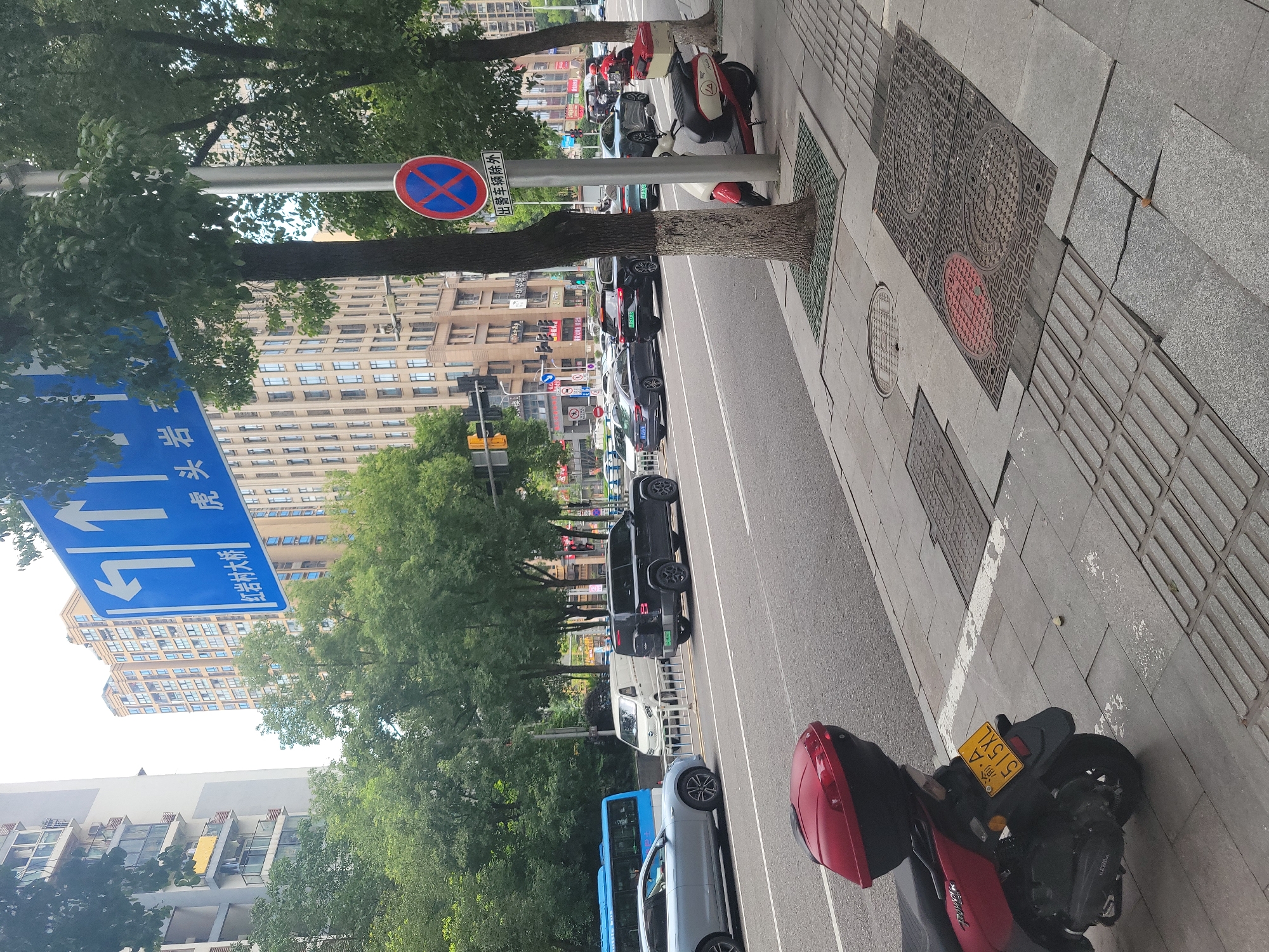 This is a street-level, eye-level, full-shot photograph taken in Yuzhong District, China, likely during daylight hours. The scene depicts a busy urban street with several vehicles and pedestrians. A blue bus is visible on the left, followed by a silver sedan. In the center of the image, a white van and a black SUV are parked. A red scooter is parked on the sidewalk on the right. Traffic signs are present, including a blue directional sign indicating left and straight lanes, and a red and blue circular sign with a diagonal line, indicating no stopping. Buildings, mostly residential or office complexes, line the street in the background. Trees with green foliage are scattered along the sidewalk. The road is paved, and the sidewalk is made of concrete and paving stones. There are several manhole covers on the sidewalk.