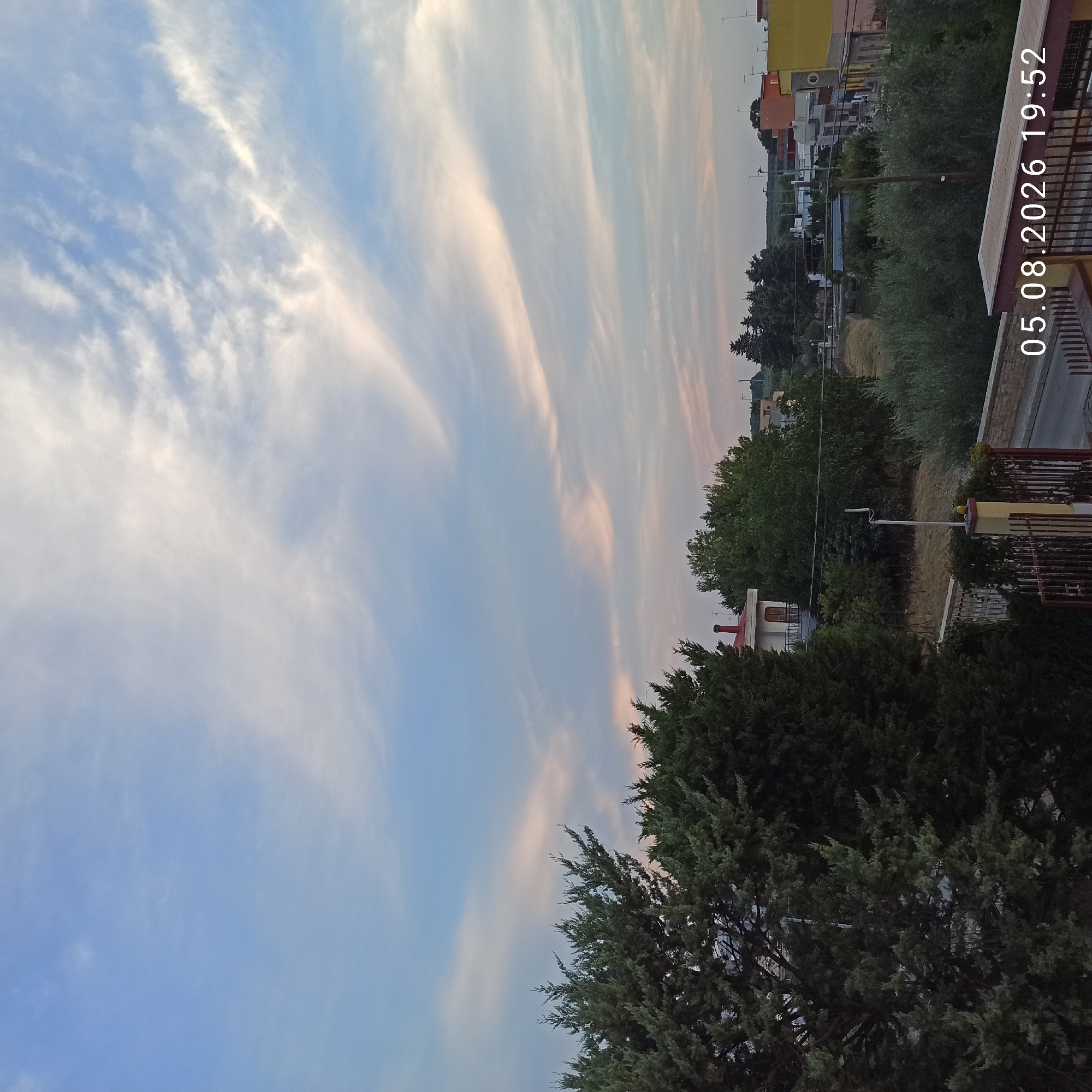 The image depicts an outdoor scene, likely in Bitonto, Italy, with a focus on a sky filled with wispy clouds tinged with pink and orange, suggesting either dawn or dusk. In the foreground, dense evergreen trees, possibly cypresses or junipers, dominate the left side of the frame, their dark green foliage contrasting with the lighter sky. Behind the trees, a residential area is visible, featuring houses with red-tiled roofs and white walls, interspersed with other green trees and vegetation. A metal fence runs along the bottom and right side of the image, partially obscuring a paved area that appears to be a road or pathway. The overall impression is a tranquil, suburban landscape under a colorful sky. A timestamp in the lower right corner reads "05.08.2026 19:52", indicating the date and time the photograph was taken. No people or animals are visible in the image.