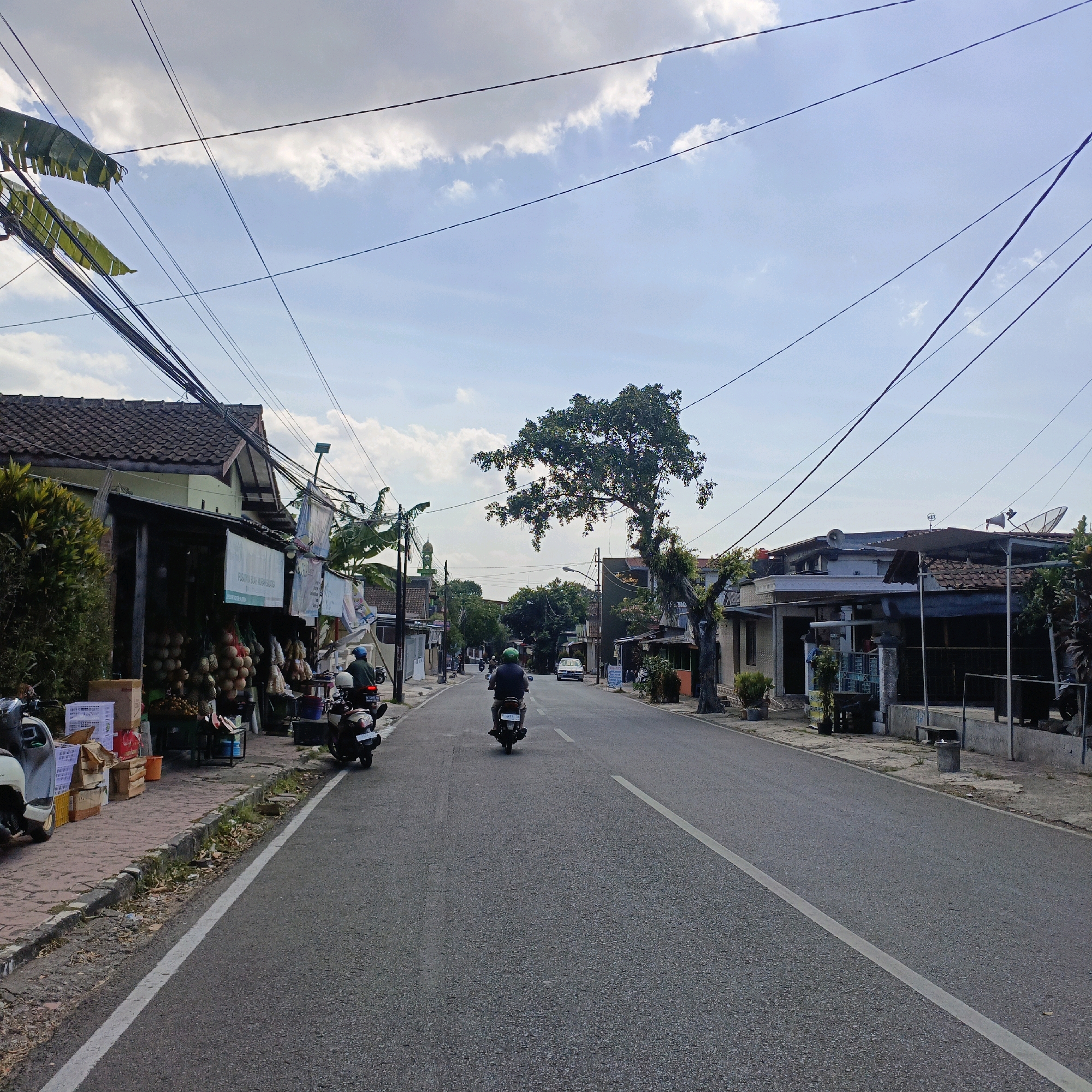 The image depicts a street scene in the city of Salatiga, Indonesia. A paved road runs through the center of the frame, with a white line marking the lane divider. On the left side of the road, there is a sidewalk lined with shops selling fruits, such as durians, and other goods. Several motorcycles are parked on the sidewalk. Further down the street, a person is riding a motorcycle, wearing a green helmet. On the right side of the road, there are houses and shops with satellite dishes mounted on the roofs. The sky is partly cloudy with a bright sun. A large tree with dense foliage stands prominently in the middle of the road. Overhead, a network of electrical wires crisscrosses the sky. The overall impression is of a typical urban street in Indonesia, likely a commercial area with residential housing.