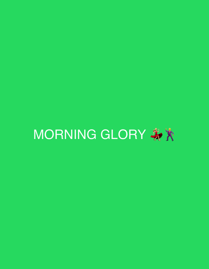 The image displays the words "MORNING GLORY" in large, white, sans-serif font centered on a solid green background. To the right of the text are two emoji figures: one a woman in a red dress dancing, and the other a man in a purple suit also dancing. The image does not contain any elements that would allow for identification of a specific location in Bekasi, Indonesia.