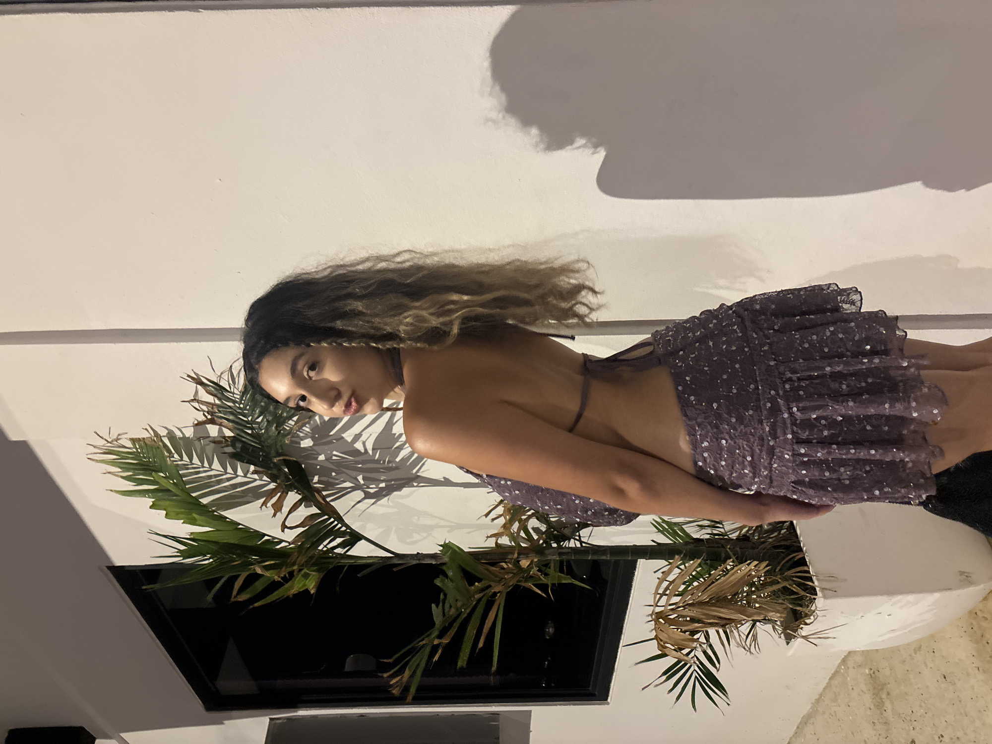 A young woman with long, wavy, blonde and brown hair is standing outdoors at night, leaning slightly away from a white wall, with her body angled towards the camera. She is wearing a short, sequined, purple halter dress with a cut-out design. The woman is looking over her shoulder at the camera with her lips pursed. To her left, a large, white planter contains a tropical plant with green and brown fronds, casting shadows on the wall behind her. A dark rectangular window is visible to the left of the plant. The ground appears to be concrete or pavement. The overall scene suggests an urban setting at night, possibly a patio or entryway, in San Juan, United States of America.