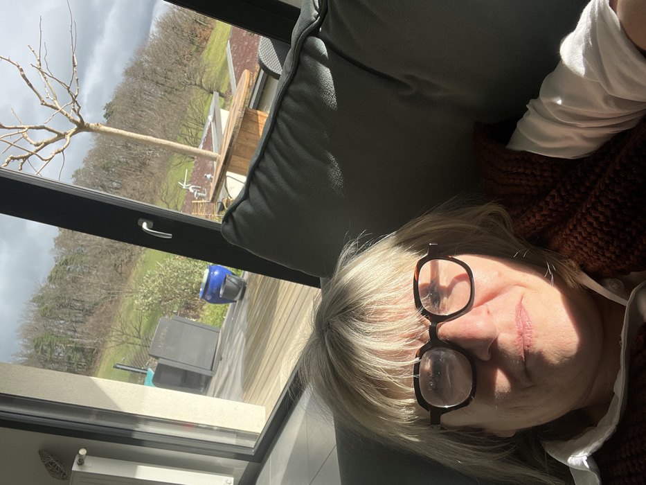 A woman with blonde hair and black glasses is lying on a gray couch. She's wearing a white top and a brown knitted cardigan. Sunlight streams through a large window, illuminating her face. Outside, a landscape of trees and grass can be seen, along with some patio furniture. The sky is overcast, creating a soft, diffused light.