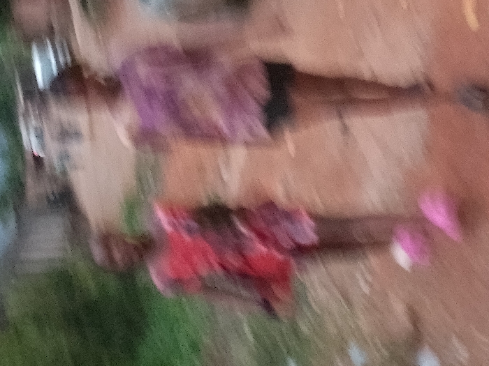 The image depicts two individuals walking on an unpaved, reddish-brown dirt path in Orie Uratta, Nigeria, under low light conditions. Both subjects are blurred due to motion.
The individual on the left wears a multi-colored garment, predominantly red, and pink footwear, possibly slippers or sandals with white accents. The individual on the right wears a patterned top, primarily purple, and dark shorts or a skirt, with dark footwear. Both appear to be moving forward, with their legs in motion.
In the background, to the left, green vegetation is visible. Further back, on the right side of the frame, blurred structures and indistinct white or light-colored vehicles are present, suggesting a residential or village setting. The overall lighting is dim, indicating dusk, dawn, or an overcast environment.