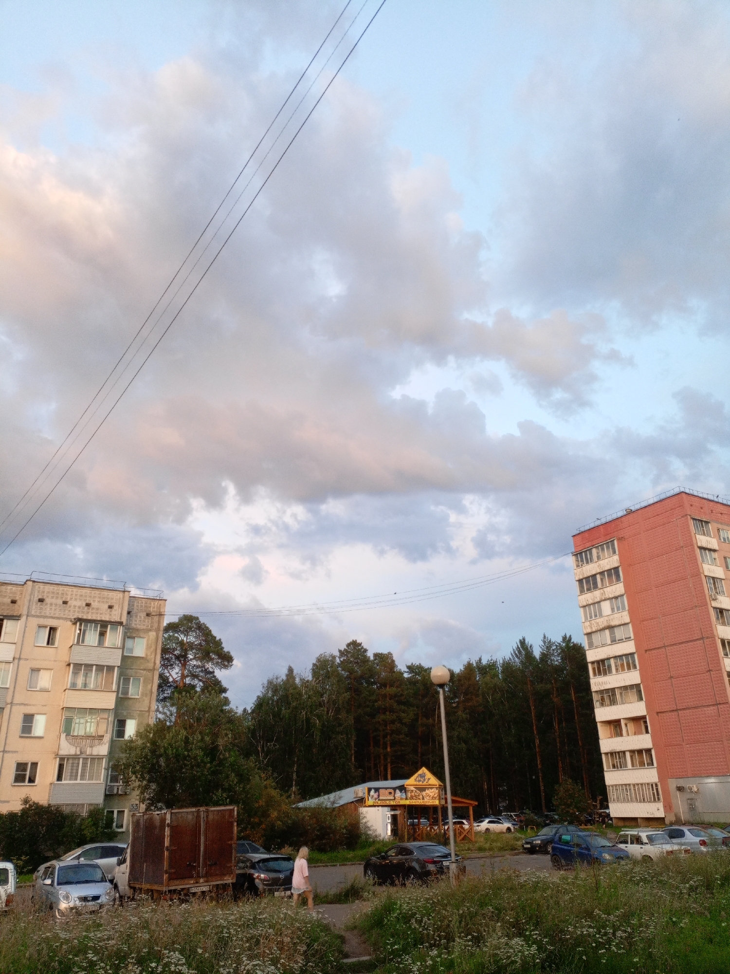 This media file shows an outdoor scene in Zheleznogorsk, Russia. The time of day appears to be late afternoon or early evening, indicated by the soft light and the colors of the sky, which feature a mix of pale blue and cloudy, pastel-toned clouds. The weather seems calm, with no strong winds visible.
The scene features two multi-story apartment buildings. One building on the left is lighter in color and has visible balconies. The other building on the right is a prominent, tall, red-brick structure with numerous windows. Between and in front of these buildings, a line of dark green trees, likely pine, forms a dense forest in the background.
In the foreground, several cars are parked in a lot. These include a silver hatchback, a darker sedan, and other vehicles partially visible. A rusty, large metal container or trailer sits prominently in the middle ground. A person wearing a light pink top and white shorts is walking away from the camera on a paved path, with tall grass and wildflowers growing in front of the parked cars. A lamppost is also visible, with a small yellow structure next to it that appears to be a kiosk or small shop with signage.
The overall mood of the image is serene and everyday, capturing a slice of life in a residential area with natural elements. The sky's colors suggest a potentially beautiful sunset or post-sunset sky. The image is a vertical composition, emphasizing the height of the buildings and the expanse of the sky.