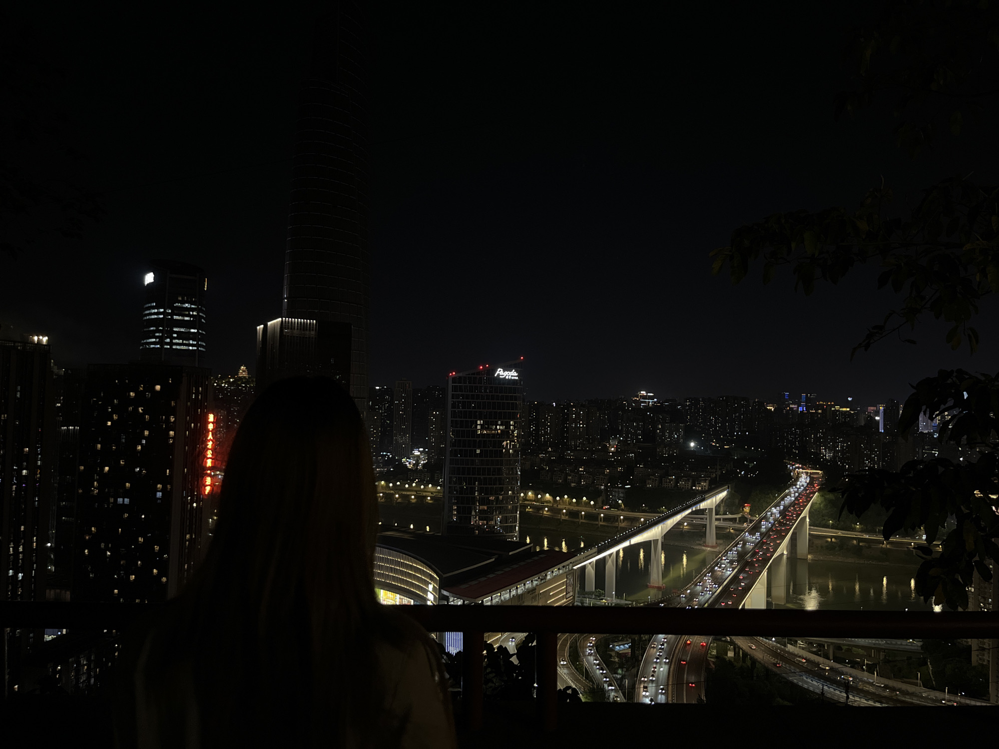 A nighttime view in Yuzhong District, China, shows a woman facing a cityscape. She stands behind a railing. Several lit skyscrapers, including one with a vertical red sign, are visible. A bridge with heavy car traffic crosses the river. Leaves frame the scene on the right side.