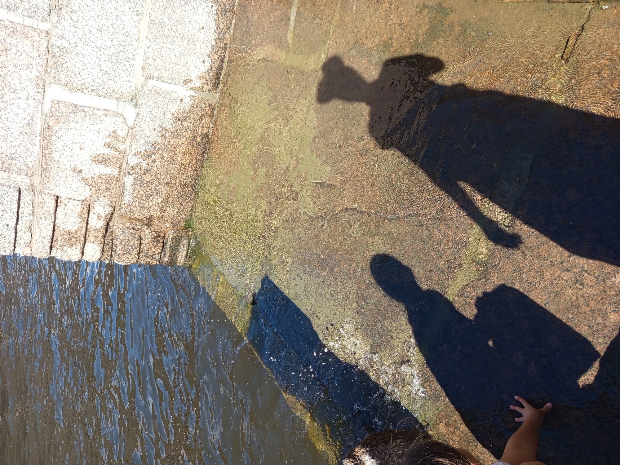 This image depicts a sunny day at the Neva River embankment in Saint Petersburg, Russia. The foreground features a child's hand reaching towards the water from the left side of the frame. Two prominent shadows are cast on the wet stone embankment and shallow water: one belonging to an adult, whose shadow displays a hat-like head shape, and another, longer shadow to the left, likely belonging to a child. The embankment is constructed of large, rough-hewn granite blocks, some of which are wet and discolored. The water of the Neva River is visible to the left, appearing dark and rippled, reflecting the sunlight. The overall scene suggests a casual outdoor moment, likely in a tourist or recreational area along the river.