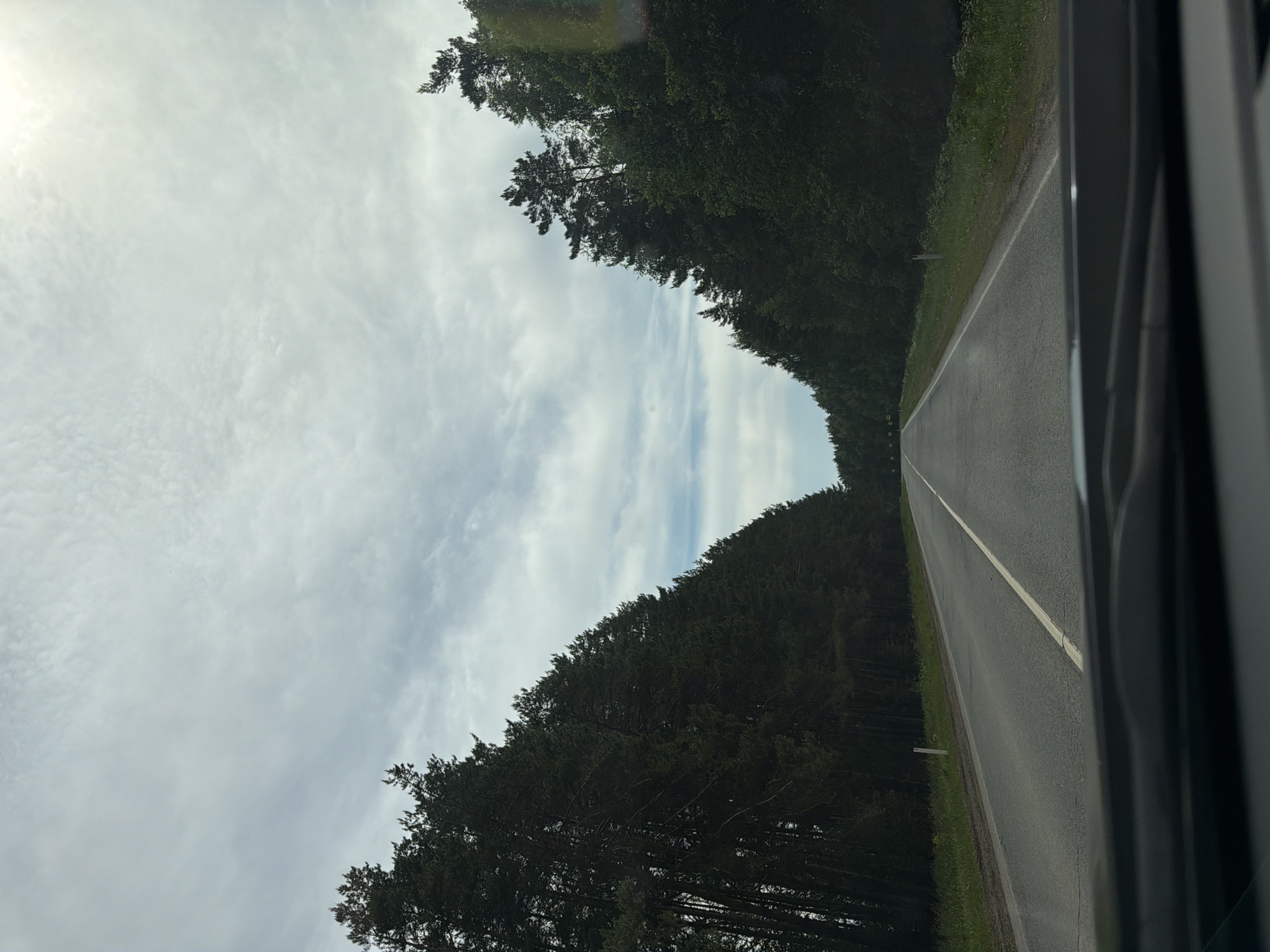 This image captures a view from inside a vehicle traveling along a straight, two-lane asphalt road. The road, marked by a solid white line on its right edge, recedes into the distance, flanked on both sides by a dense, dark green coniferous forest. The tall trees form a natural corridor, their canopies reaching high into the sky.
On the far right, a dark gray section of the vehicle's interior, likely a door frame or window pillar, is visible, indicating the perspective is from a passenger or driver. The sky above is largely covered with light gray and white clouds, suggesting an overcast or partly cloudy daytime. A diffused bright spot in the upper left of the sky indicates the position of the sun behind the clouds.
The scene depicts a peaceful journey through a natural, rural landscape. There are no people, other vehicles, or discernable text visible. The setting is consistent with the provided location context of Lukintsy, Russia.