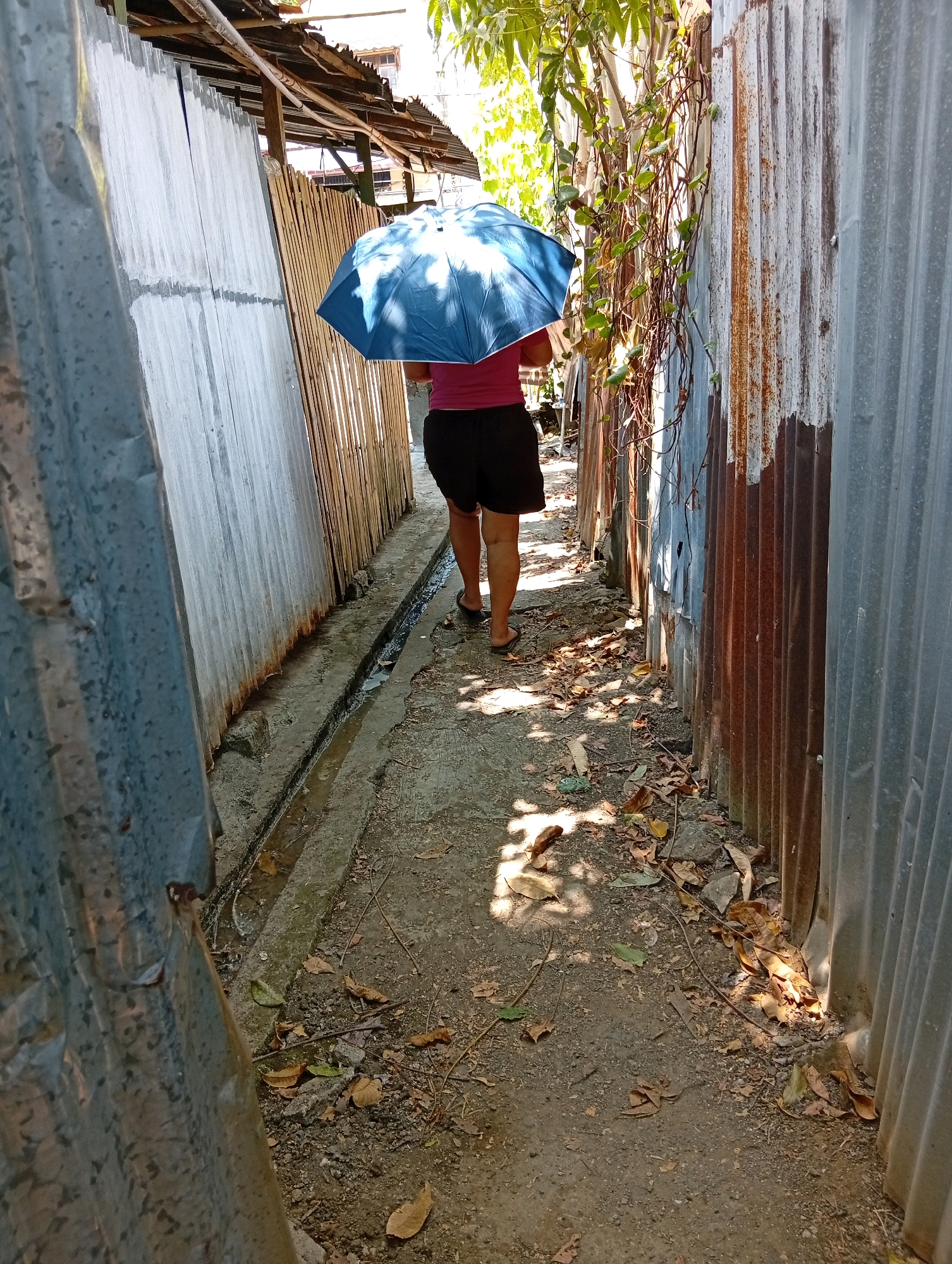 An outdoor, medium-angle shot captures a person holding a blue umbrella while walking away from the camera down a narrow, outdoor alleyway. The person is wearing a pink shirt and black shorts. The alleyway is lined with corrugated metal walls on both sides. The ground is a dirt path with scattered leaves and debris. Sunlight casts shadows on the path. The overall environment appears to be a humble, possibly informal settlement, consistent with areas in Manado, Indonesia.
