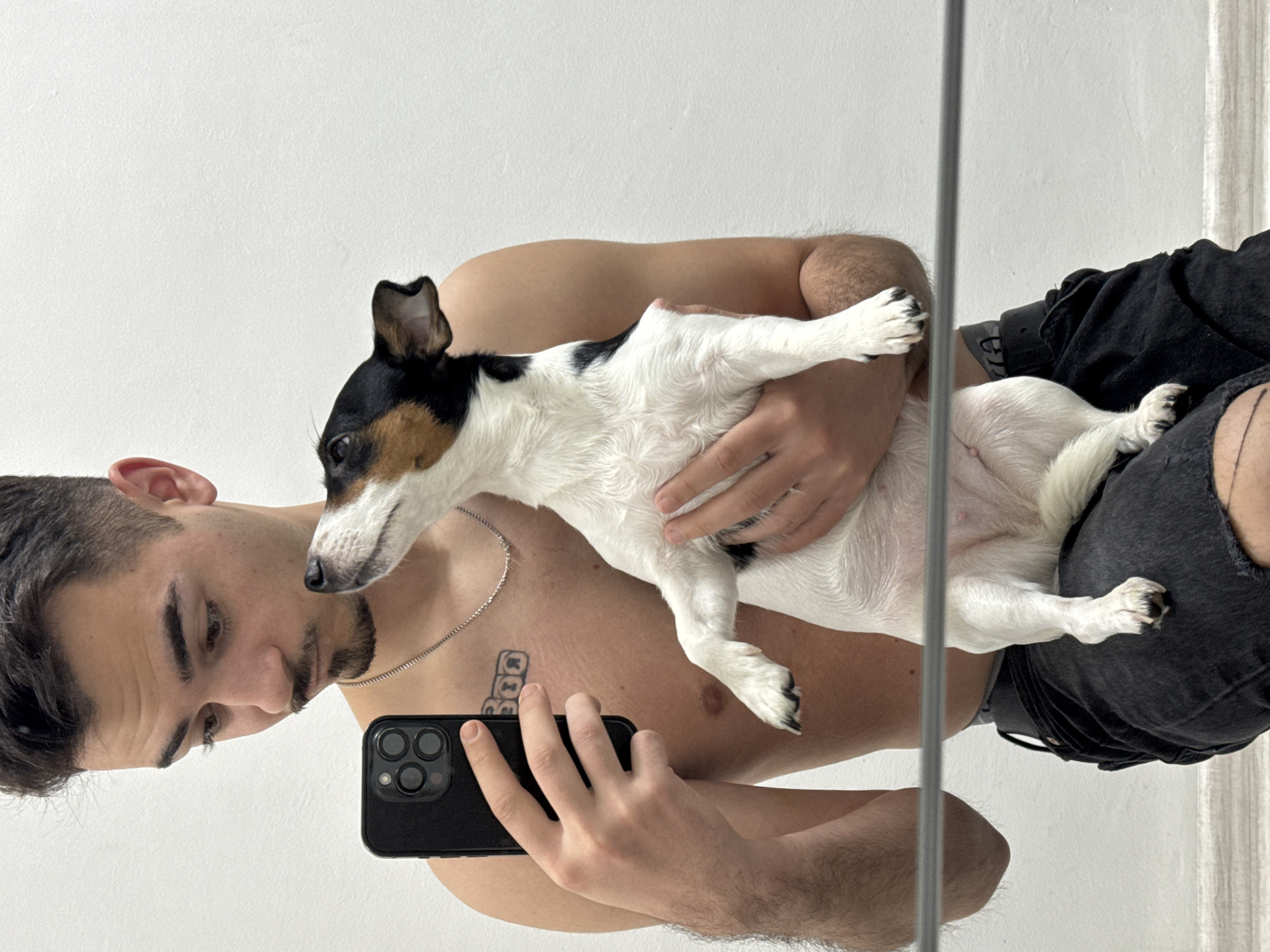 A young man is captured in a mirror selfie, holding a small dog in his arms. He stands shirtless, with dark hair, a short beard, and an earring in his left ear. He wears a silver chain necklace, and a tattoo resembling stacked block letters is visible on his left chest. In his right hand, he holds a black smartphone with multiple camera lenses, positioned to take the picture.
The dog, a tri-color (white, black, and tan) Jack Russell Terrier or a similar small breed, is nestled comfortably against the man's torso, looking away from the camera. The man is wearing dark shorts or pants.
The background consists of a plain white wall, suggesting an indoor setting. A vertical metallic bar, likely part of the mirror frame, is prominent in the foreground. A light-colored curtain or textured wall can be partially seen on the right side of the image. The lighting is bright and even, and the expressions of both the man and the dog appear neutral. The scene is set in Sofia, Bulgaria.