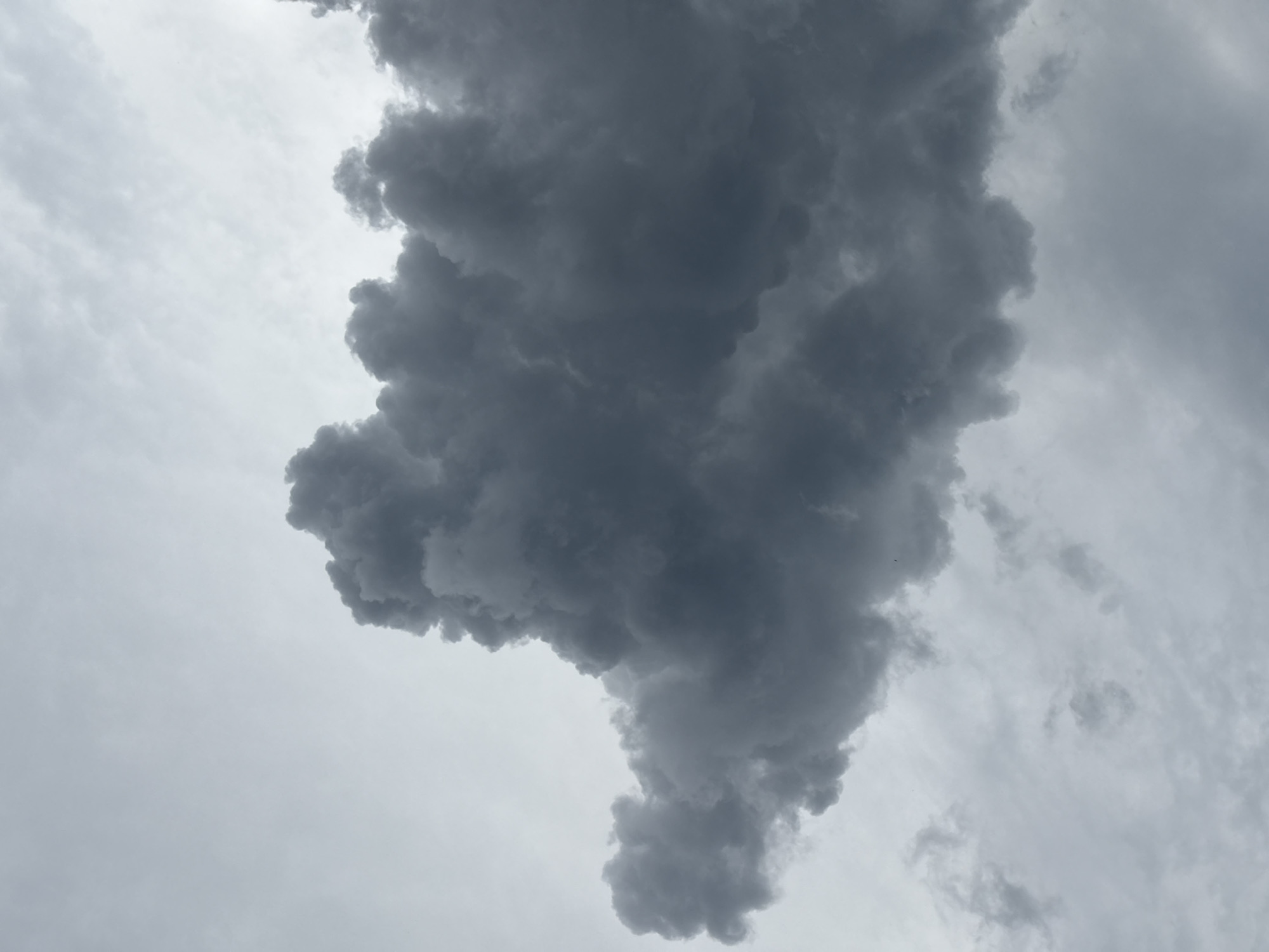 This image depicts a sky filled with a combination of dense, dark gray cumulonimbus clouds and lighter, more dispersed stratocumulus or altocumulus formations, observed over the city of Plovdiv, Bulgaria. The prominent dark cloud mass occupies the lower right and central portions of the frame, exhibiting a textured, turbulent appearance with discernible individual lobes and contours. The upper left and central left areas show a lighter, more overcast sky, with some areas appearing brighter, suggesting a hidden light source, possibly the sun, behind the lighter cloud cover. No specific city landmarks, people, or man-made objects are visible within the frame; the scene is exclusively atmospheric.