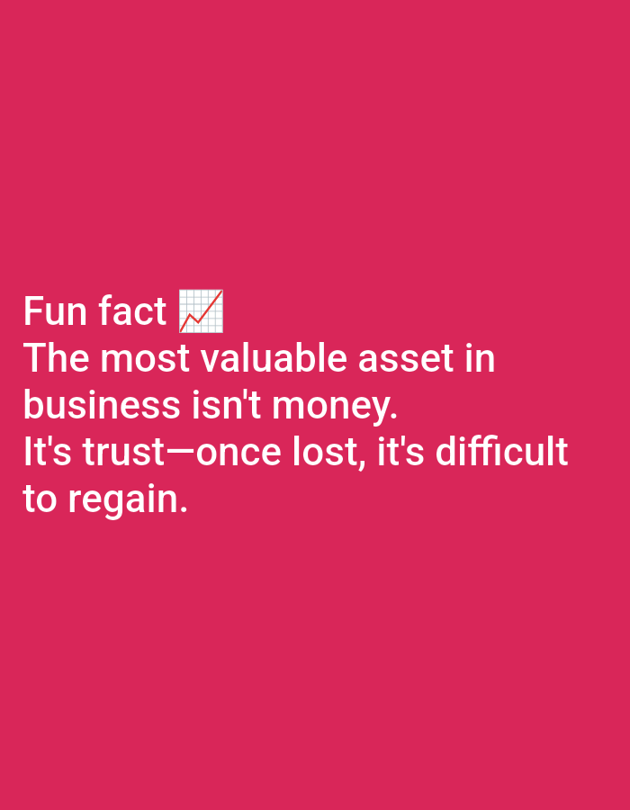 The image is a digital graphic with white text on a bright pink background. The text reads: "Fun fact š The most valuable asset in business isn't money. It's trustāonce lost, it's difficult to regain." There is no depiction of the city of Lagos, Nigeria, or any other geographical location. The graphic contains only the text and a small icon of a line graph.