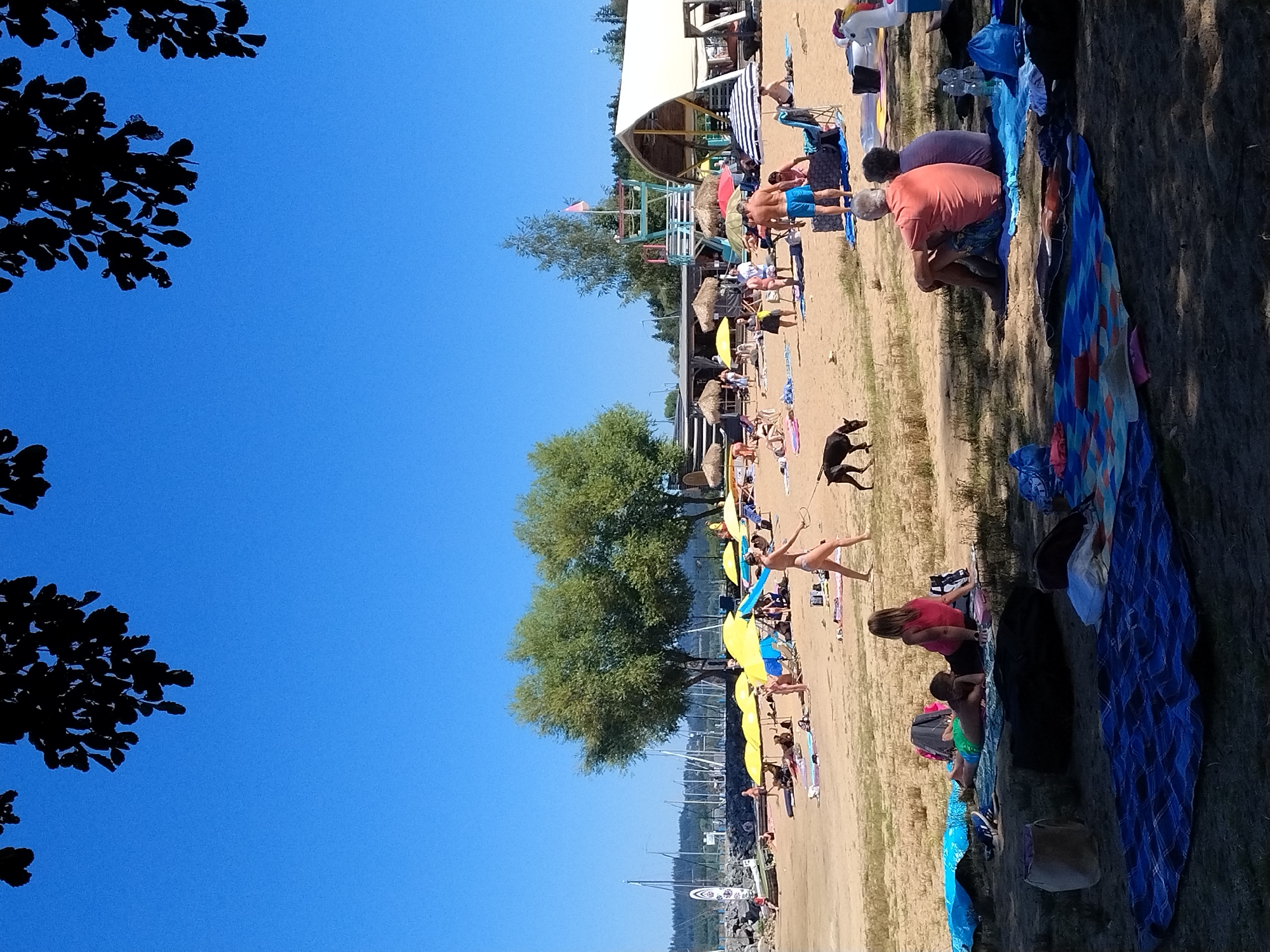 The image depicts a sunny day at a beach in Radslav, Czechia. The foreground is dominated by a blue and patterned blanket on the sand, with shadows cast by overhead foliage. In the mid-ground, several people are relaxing on the sandy beach. A woman in a pink top is sitting next to a young boy who is lying down. Further back, a man in an orange shirt and a woman are seated on a blue blanket, facing away from the camera.
The beach itself is populated with numerous individuals sunbathing, walking, and gathered under yellow and blue umbrellas. A small dog is visible in the middle ground, walking across the sand. A lifeguard tower stands prominently in the background, with a building structure featuring a white arched roof. The background also shows trees and a body of water with sailboats docked. The sky is clear and blue.