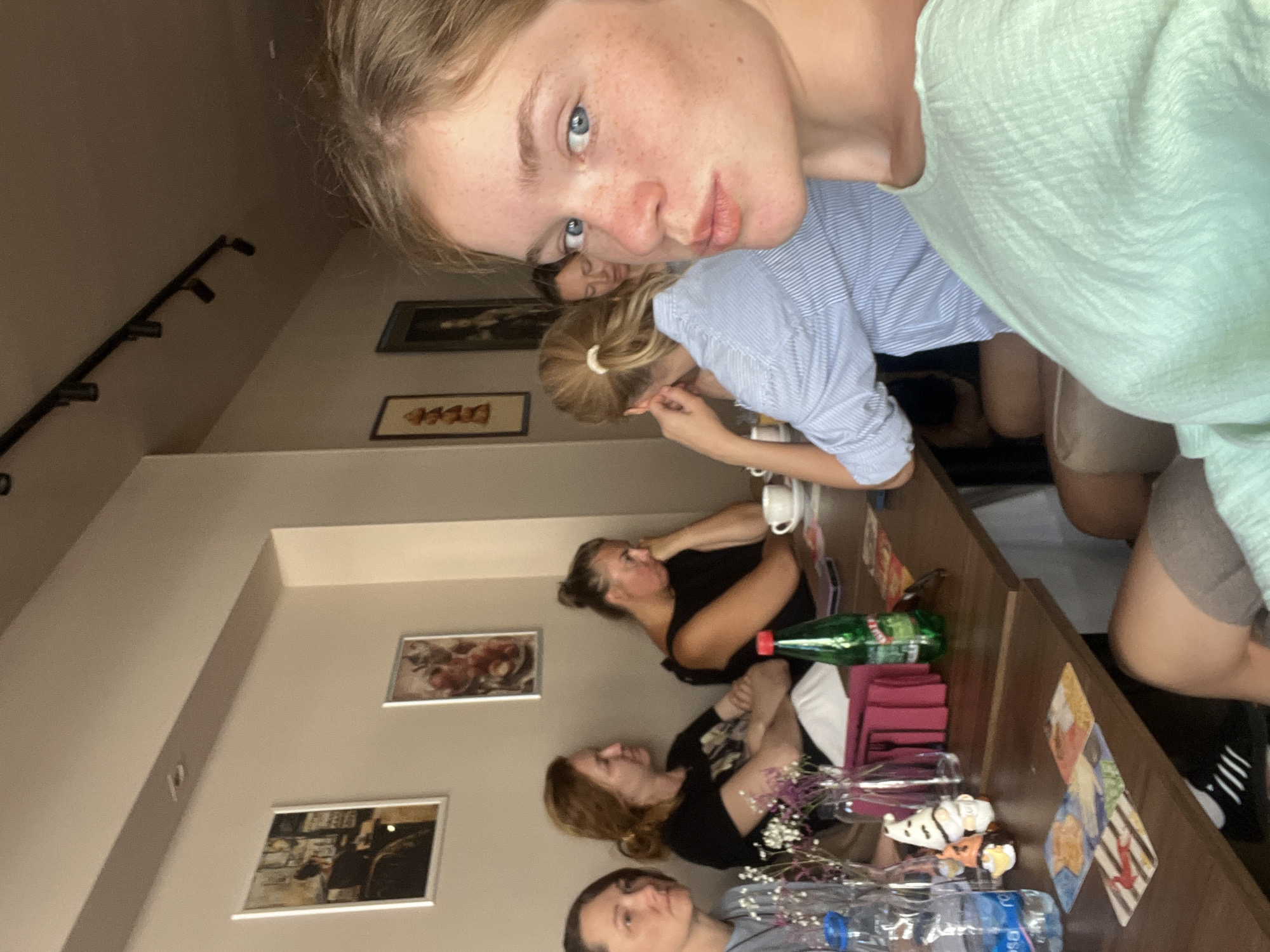 In Donji Pobori, Montenegro, a group of at least six individuals is seated around a wooden table, seemingly in a cafe or restaurant. The perspective is a selfie taken by a young woman in the foreground, who is looking towards the camera with a slightly puckered expression. She is wearing a light green textured top.
Behind her, to her left, another young woman with blonde hair tied in a ponytail is wearing a blue and white striped shirt. Further to the left, a woman with dark hair is looking to the side, her arms crossed. Next to her, a woman with red hair also has her arms crossed and is looking away. Two more women are visible in the background, one with dark hair and the other with blonde hair, both appearing to be engaged in conversation or contemplation.
On the table, there are several objects including bottles of water, a green bottle of what appears to be soda, a white teacup and saucer, and some small decorative gnome figurines. Several cards, possibly tarot cards, are laid out on the table in front of some of the individuals. Pictures hang on the wall in the background, adding to the ambiance of the establishment. The lighting suggests it is daytime.