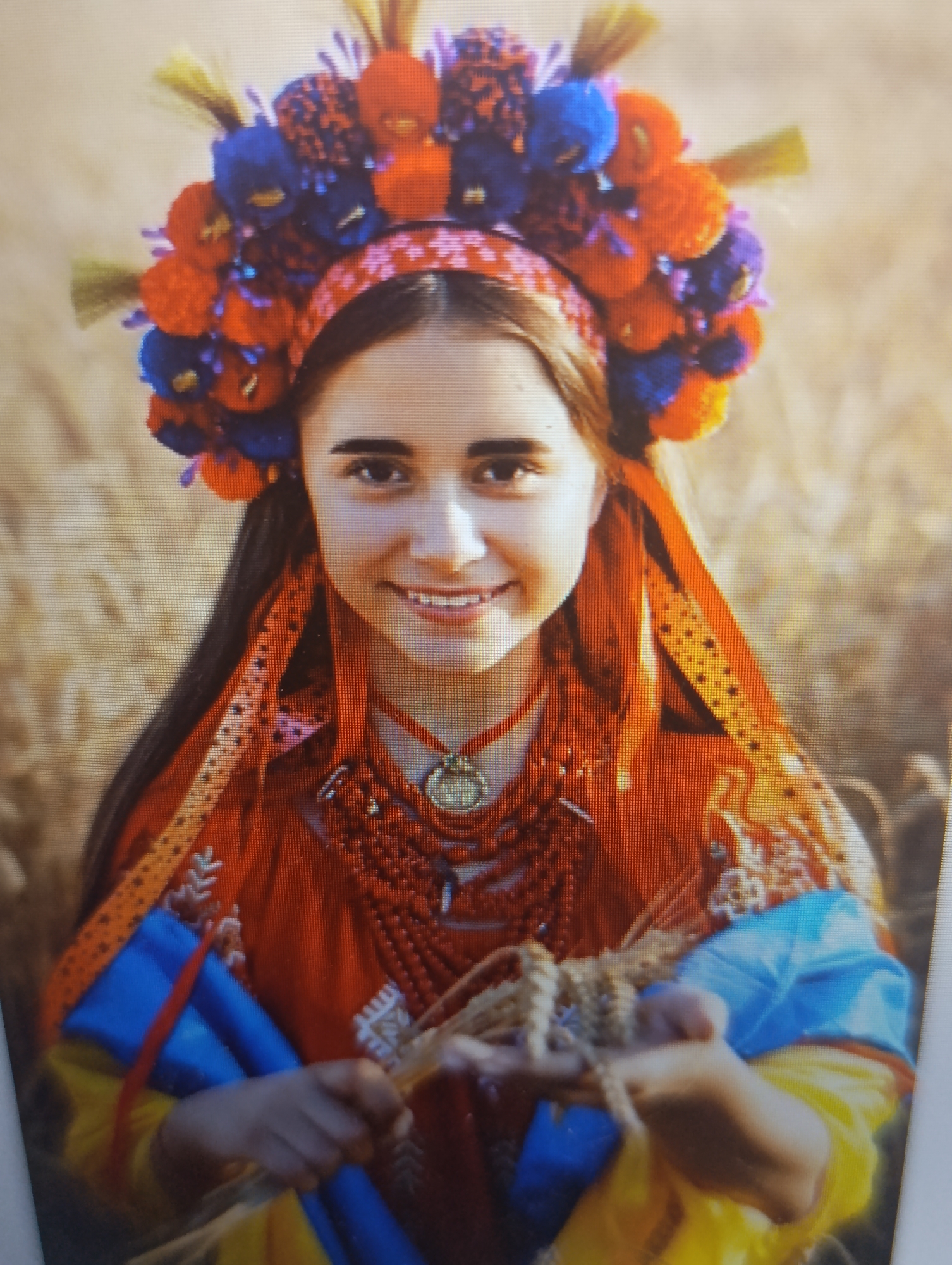 A young woman in traditional Ukrainian attire stands in a field of wheat. She wears a large, ornate headdress adorned with red and blue pompoms and yellow tassels. Her outfit includes a red blouse with embroidered details, a beaded necklace, and a blue and yellow vest or shawl. She is holding a small bundle of wheat stalks in her hands. The background is a blurred golden field, suggesting an outdoor, rural setting. The lighting is soft and natural, with a slight warm tone. The image appears to be a photograph, possibly taken during daylight.