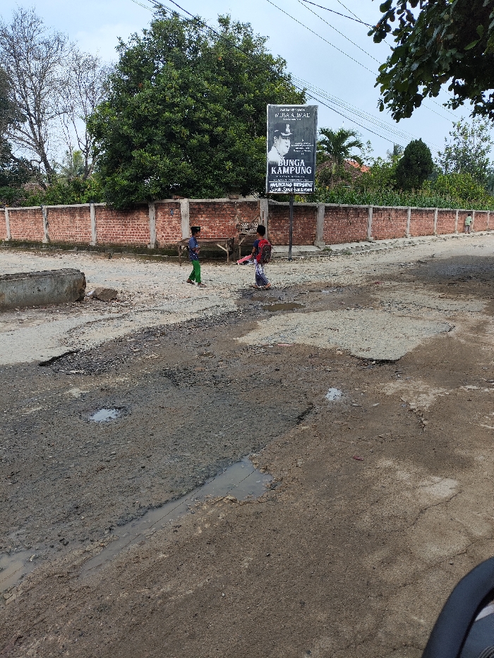 The image depicts a rural or semi-urban street scene in Selagai Lingga, Indonesia, characterized by a severely damaged road and abundant vegetation under an overcast sky.
Two young boys, likely of elementary school age, are the primary subjects, walking on the extensively damaged road surface. The boy on the left wears a blue shirt and green pants, while the boy on the right has a patterned shirt, dark pants, and a backpack, suggesting they might be going to or from school. They navigate the numerous large potholes and uneven patches, some filled with muddy water, indicating either recent rain or poor drainage.
A large black signboard stands prominently to the right of the children. It features two headshots of men and Indonesian text. The visible text reads: "IQBAL & IKRAL", "BUNGA KAMPUNG" (Flower of the Village/Rural Blossom), "CALON KEPALA KAMPUNG" (Candidate for Village Head), "PERIODE 2023-2029", and "BERSATU MEMBANGUN DESA KITA JAYA!" (United We Build Our Prosperous Village!). This identifies it as an election campaign poster for local village leaders.
Behind the signboard and the children, a red brick wall with concrete pillars runs along the roadside, separating the road from lush green trees and foliage beyond. A large, dense green tree is prominent behind the signboard, with other trees and vegetation filling the background. Faint power lines are visible against the overcast sky. A simple wooden bench or structure is situated near the wall below the signboard. The overall scene reflects daily life in a village setting, with noticeable infrastructure challenges.