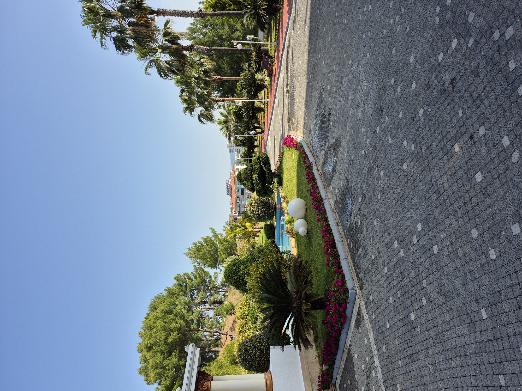 The image shows a pathway and adjacent garden area in Alanya, Turkey. The pathway is paved with gray blocks, with a pattern of concentric circles. Adjacent to the path is a manicured garden area with a variety of plants and flowers, including a row of pink flowering plants bordering the path. There are also sculpted bushes, palm trees, and two large white decorative spheres. In the background, a blue pool is visible. Tall palm trees line the upper edge of the garden and path. The sky above is a clear, pale blue. The image appears to have been taken during the day, with good lighting. The location is characterized by a blend of urban development and tropical landscaping.