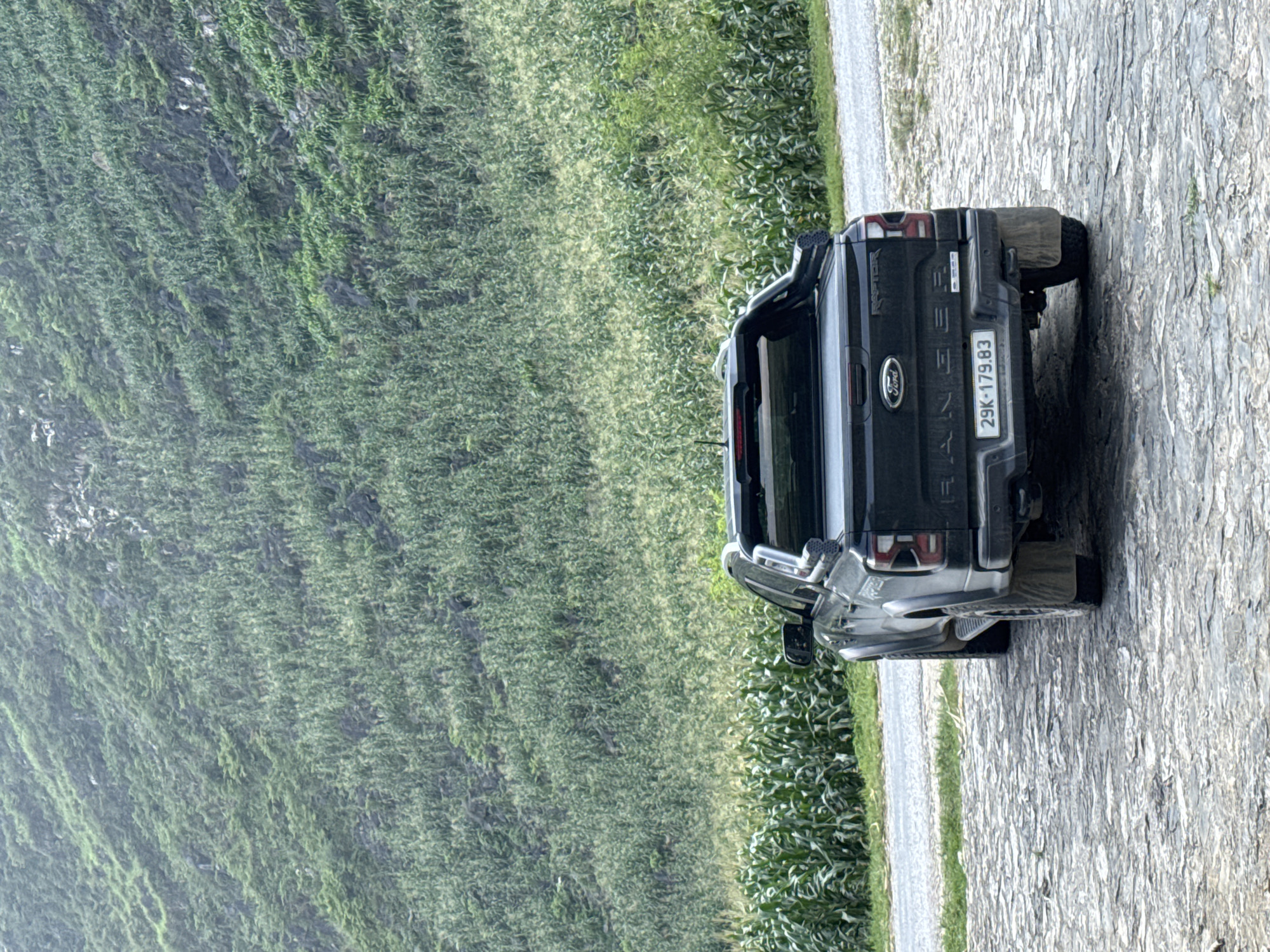 A rear-view shot shows a black Ford Ranger pickup truck parked on a cobblestone road, presumably in Đường Thượng Commune, Vietnam. A steep, moss-covered cliff face looms to the left of the frame. A field of tall green crops borders the road on the other side of the truck. The truck's license plate is visible, displaying "29K-179.83".