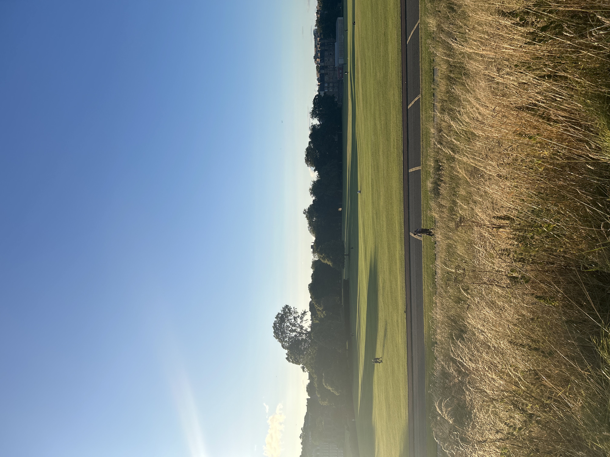 The image depicts a wide, sun-drenched grassy field, likely a park or recreational area in the City of Edinburgh, United Kingdom. The scene is bathed in the warm light of a low sun, casting long shadows across the meticulously manicured lawn. A paved path or road runs horizontally across the middle ground, with a few individuals walking or standing on either side. In the distance, a line of mature trees forms a verdant backdrop, with some buildings peeking through the foliage on the far right, suggesting an urban or semi-urban setting. The foreground is dominated by tall, golden-hued grasses, giving the impression of an uncultivated edge or a transition zone. The sky above is a clear, vibrant blue, with a faint lens flare originating from the left side of the frame, indicating the direction of the sun. The overall atmosphere is peaceful and serene, with a hint of human activity within the expansive natural landscape.