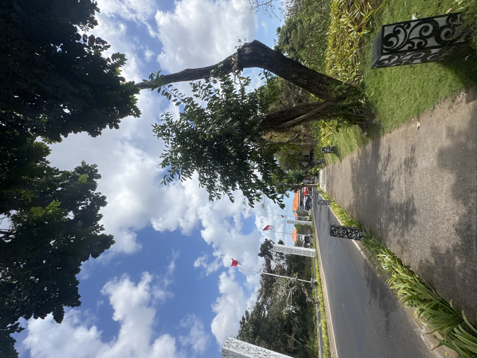 The image depicts a street scene in Kuta Selatan, Indonesia, characterized by lush greenery and clear blue skies dotted with white clouds. The foreground shows a paved sidewalk running alongside a road. Decorative black and white posts with intricate swirl patterns line the edge of the sidewalk. A well-maintained strip of green grass and leafy plants separates the sidewalk from the road.
Further down the road, several Indonesian flags, identifiable by their red and white colors, are planted on tall poles. These flags are positioned near ornate white pillars with decorative patterns. The road itself appears to be a main thoroughfare, with a few vehicles visible in the distance, including what looks like a red truck and several motorcycles. Buildings with orange-tiled roofs are also visible on the right side of the road.
The environment is dominated by trees, with some in the foreground and more in the background, suggesting a tropical or subtropical climate. The overall impression is one of a well-kept public space, likely a gateway or a prominent avenue within Kuta Selatan. There are no people clearly visible in the image, focusing the attention on the architecture, landscaping, and natural elements.